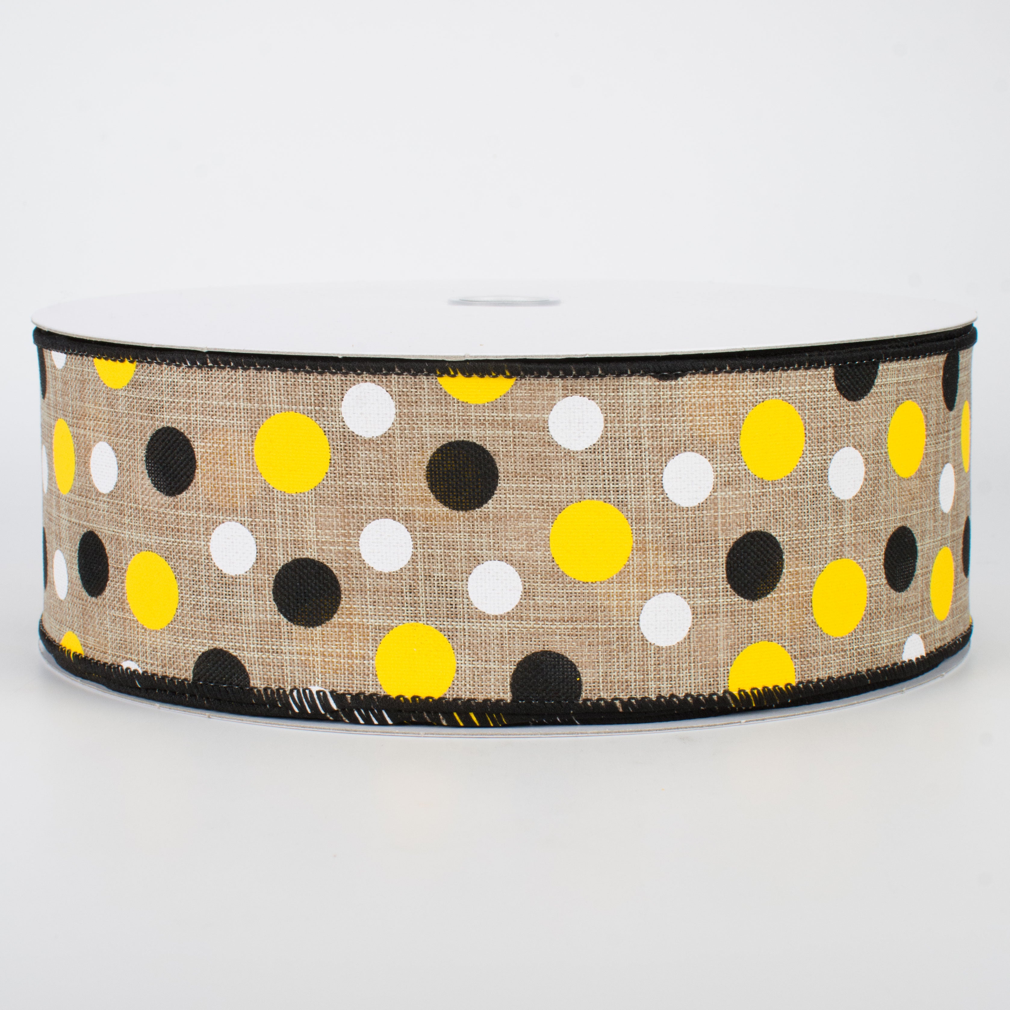 2.5" Natural Canvas Ribbon: Black, Yellow, White Dots (50 Yards)