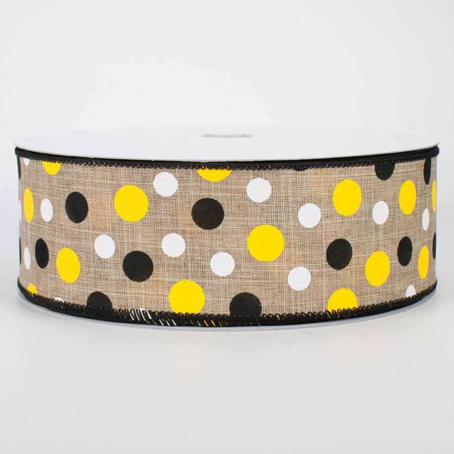 2.5" Natural Canvas Ribbon: Black, Yellow, White Dots (50 Yards)