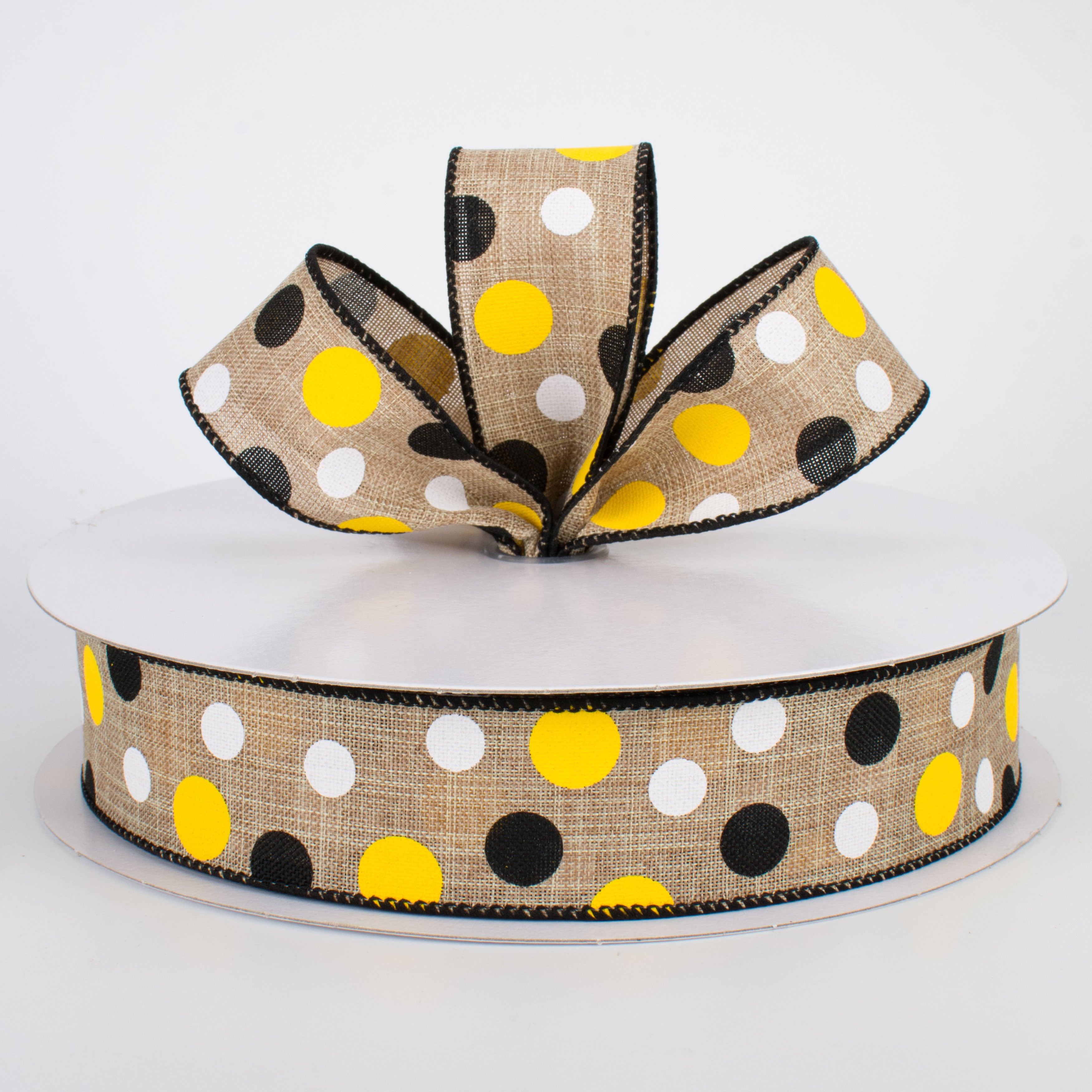 1.5" Natural Canvas Ribbon: Black, Yellow, White Dots (50 Yards) Lifestyle Photo
