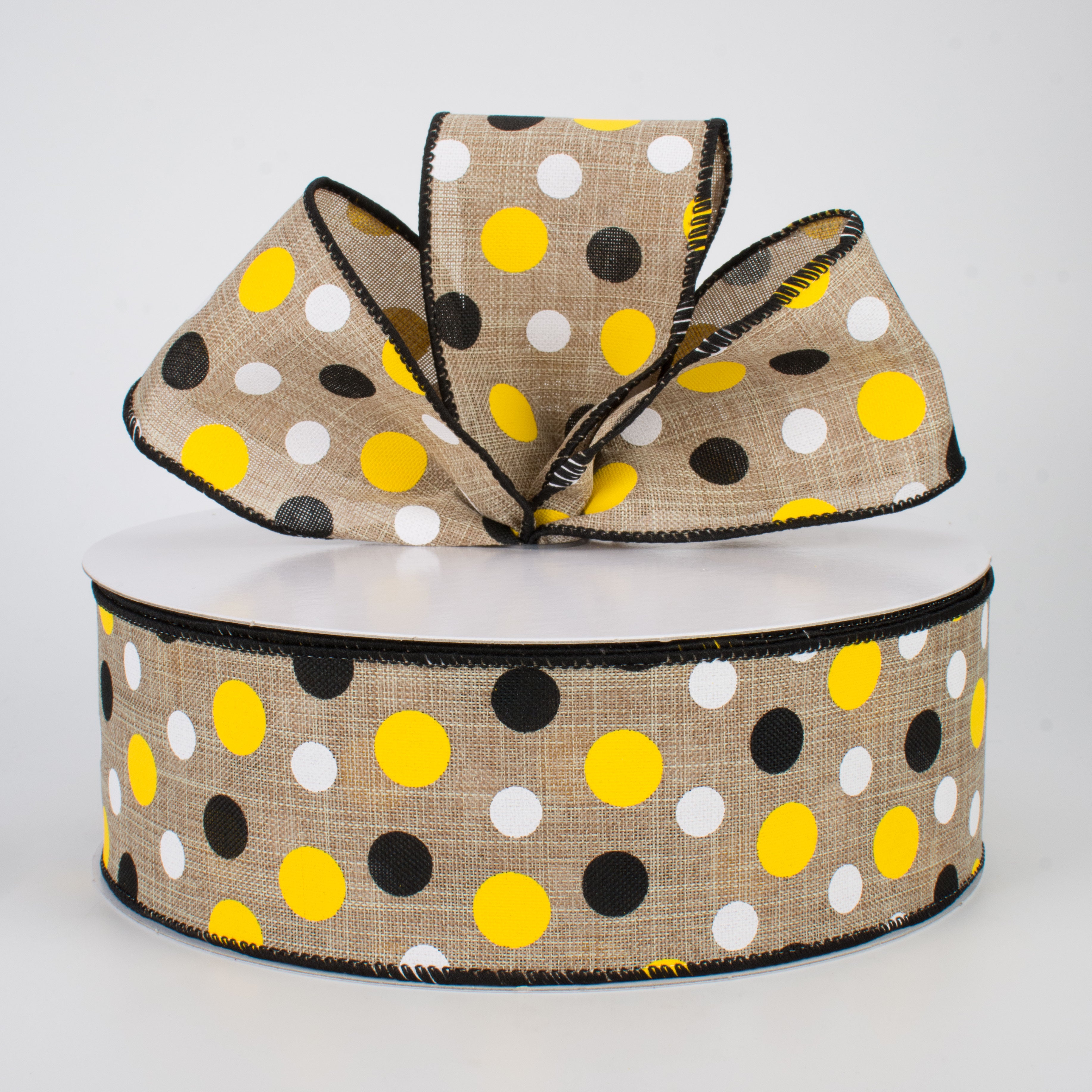 2.5" Natural Canvas Ribbon: Black, Yellow, White Dots (50 Yards) Lifestyle Photo