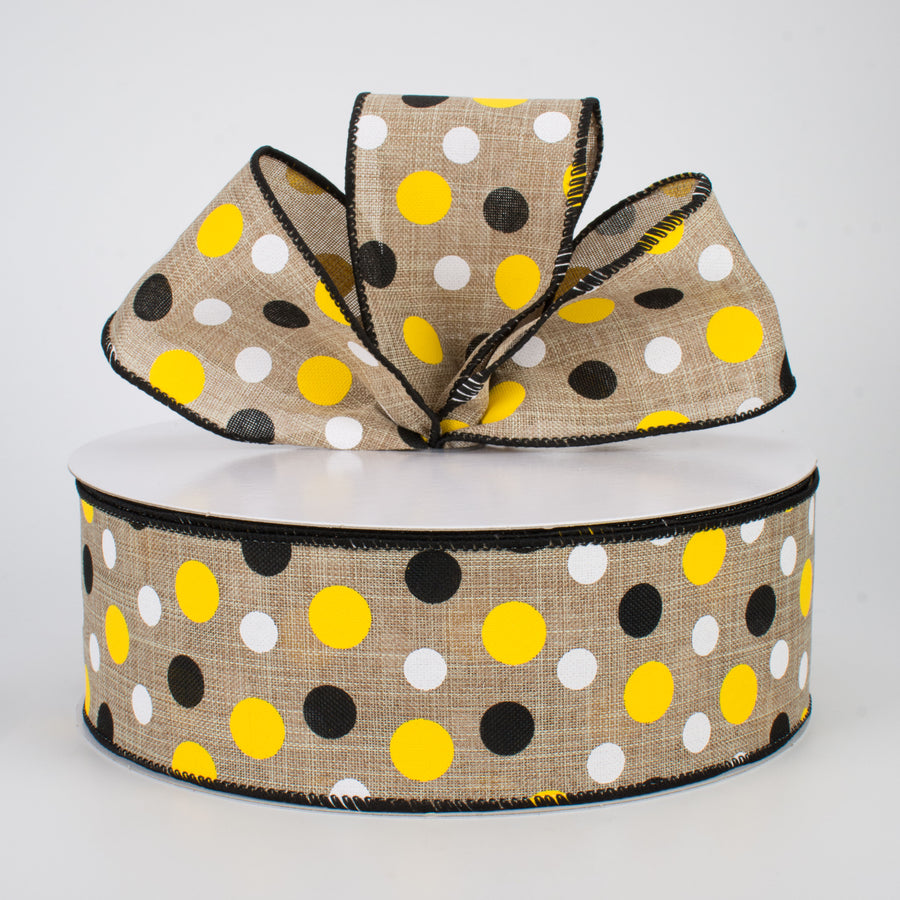 2.5" Natural Canvas Ribbon: Black, Yellow, White Dots (50 Yards) Lifestyle Photo