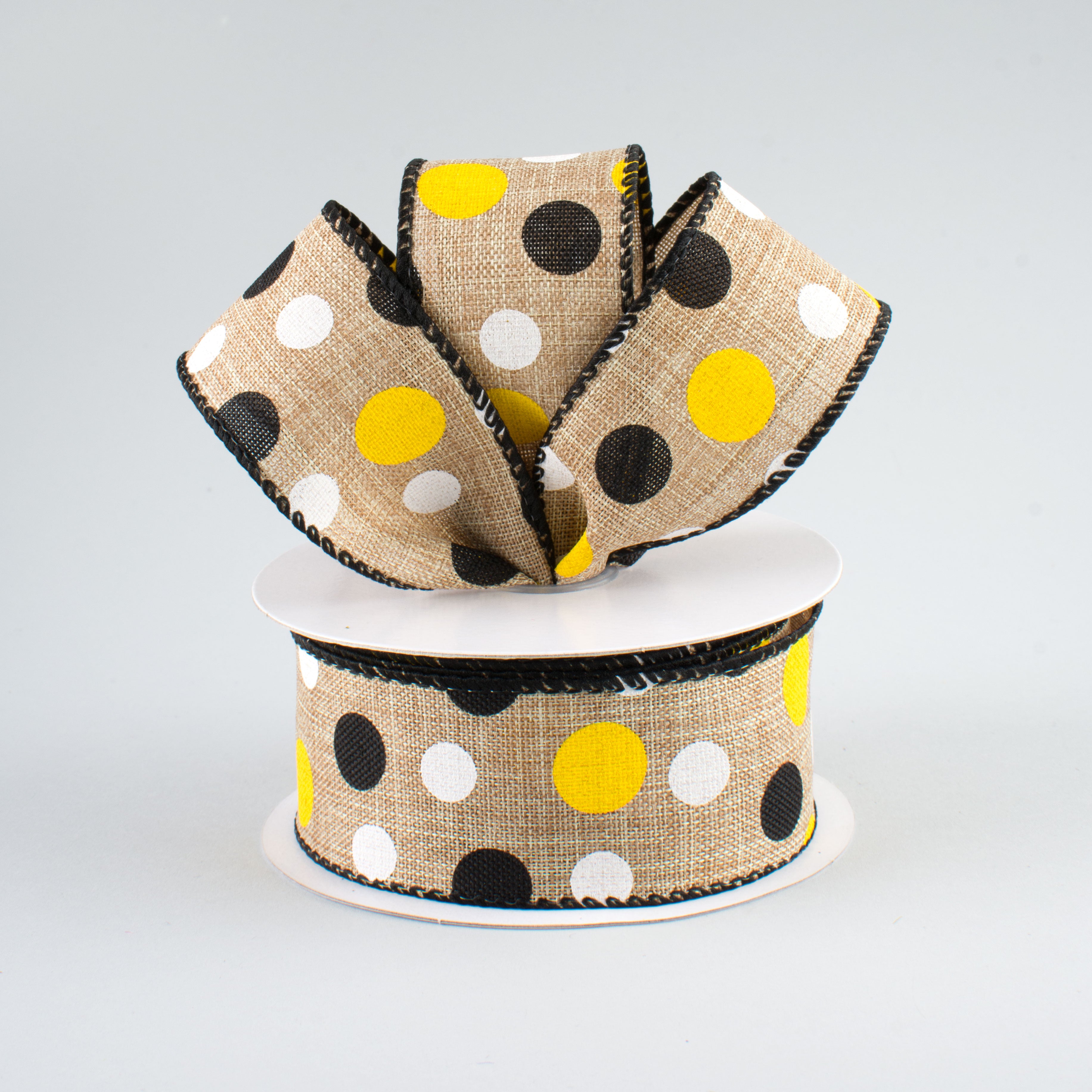 1.5" Natural Canvas Ribbon: Black, Yellow, White Dots (10 Yards) Lifestyle Photo