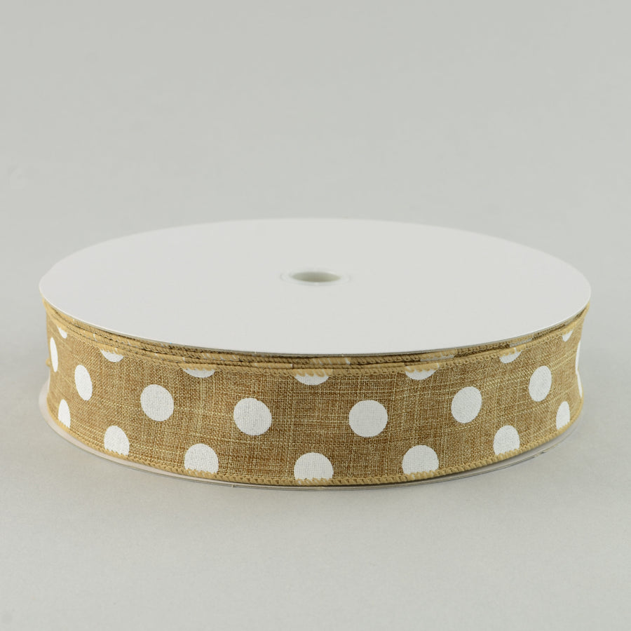 1.5" Natural Canvas Ribbon With White Polka Dots (50 Yards)