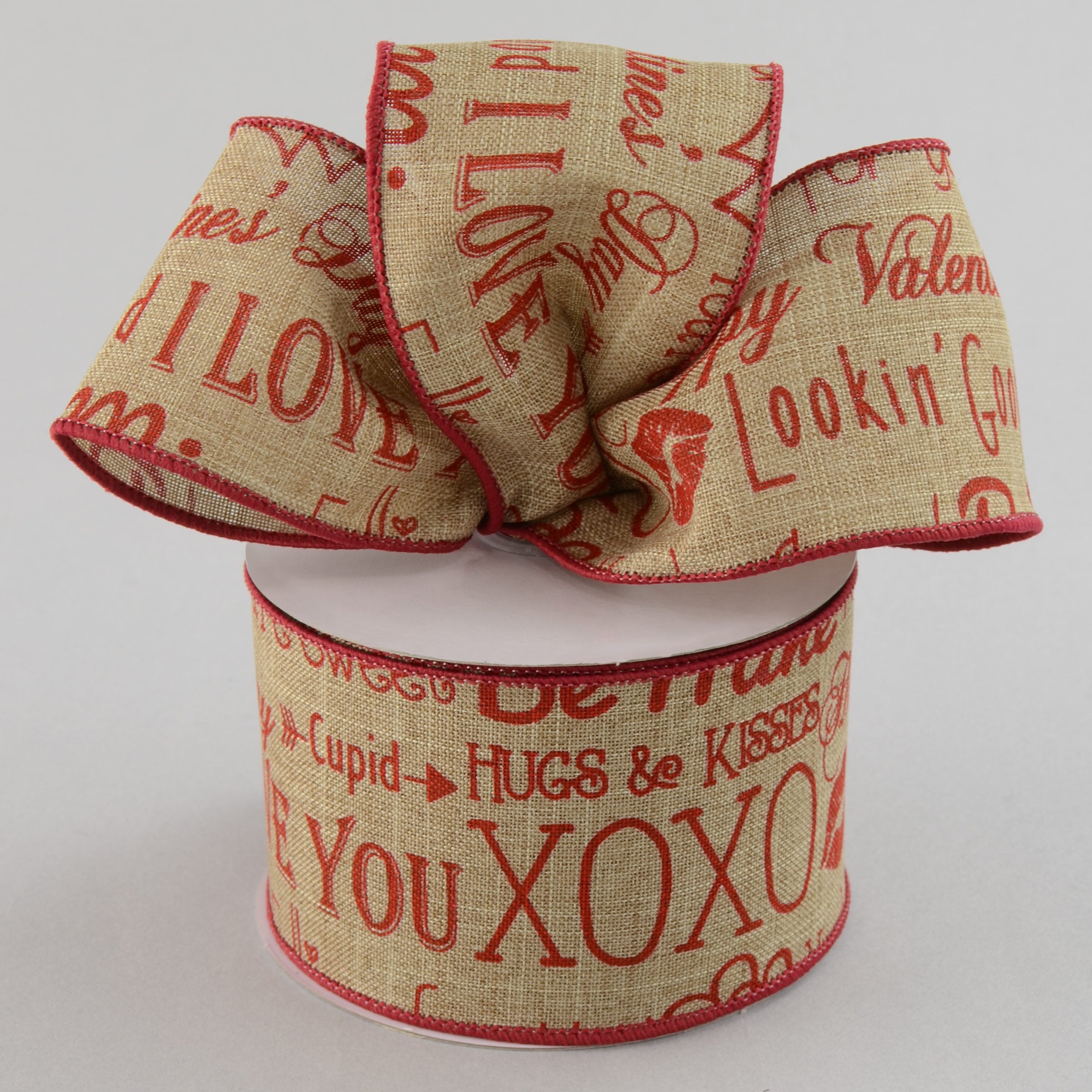 2.5" Natural Canvas Valentine Print Ribbon: Red & Natural (10 Yards) Lifestyle Photo
