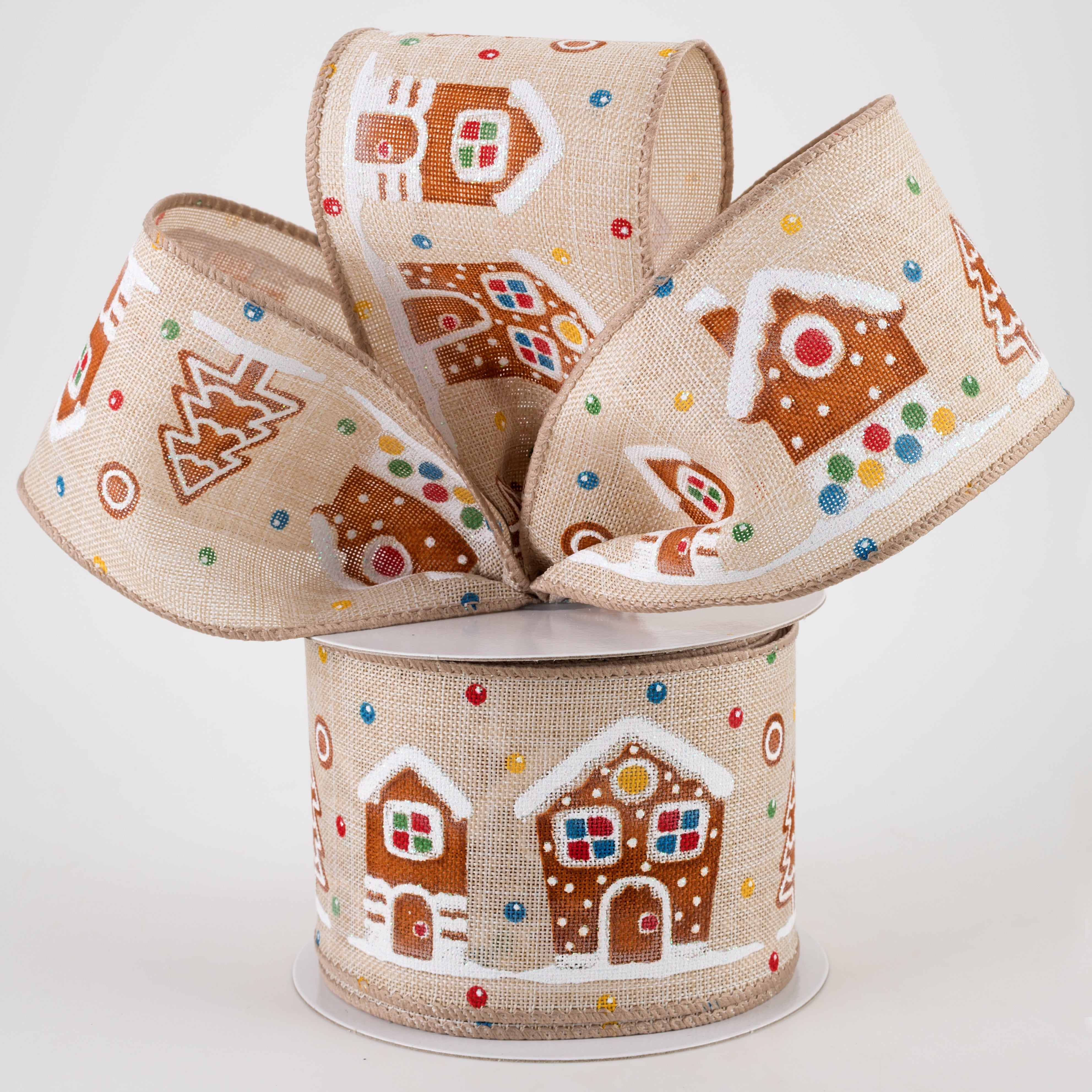2.5" Natural Glitter Gingerbread House Ribbon (10 Yards) Lifestyle Photo