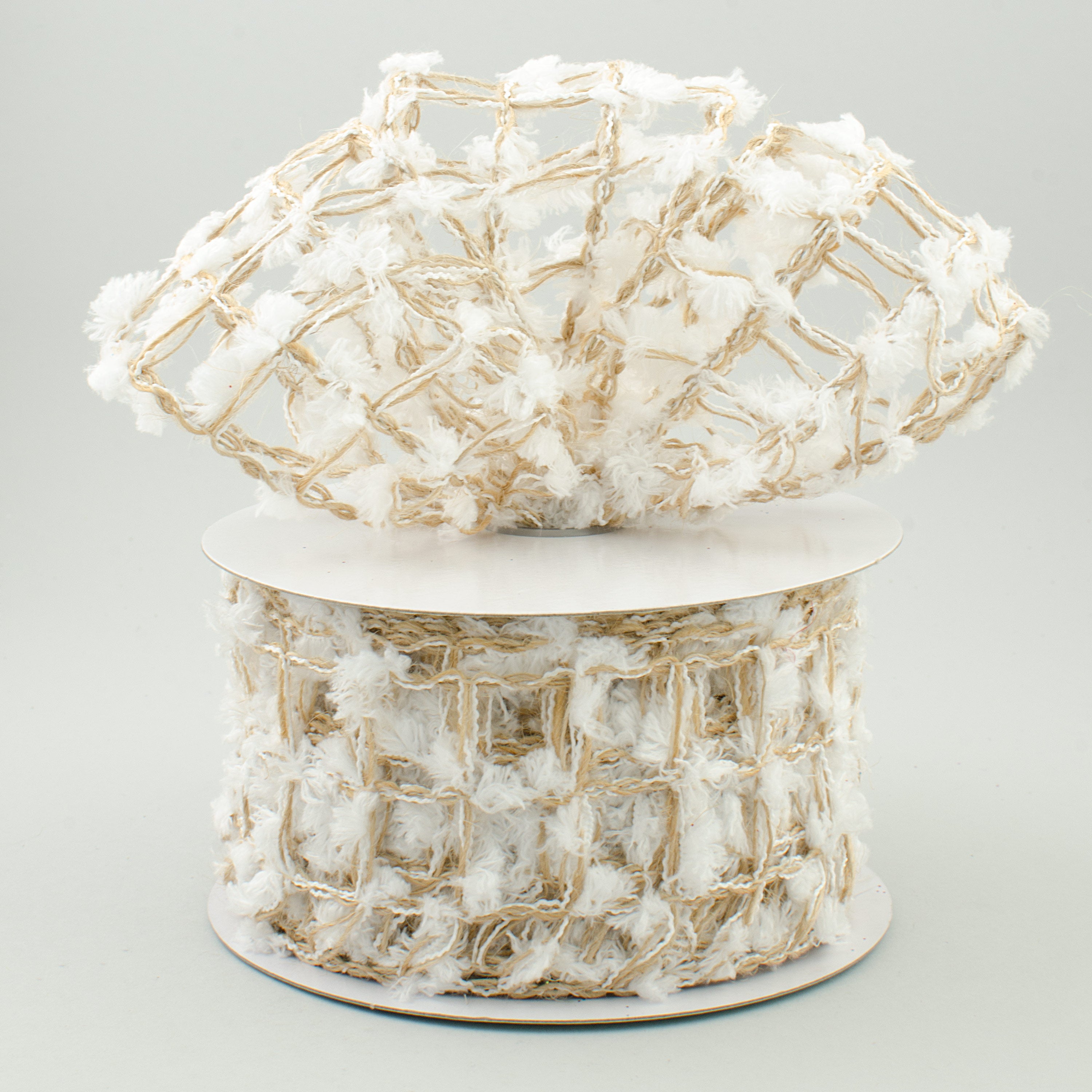 2.5" Natural Jute Snowball Square Net Ribbon: Natural & White (10 Yards) Lifestyle Photo