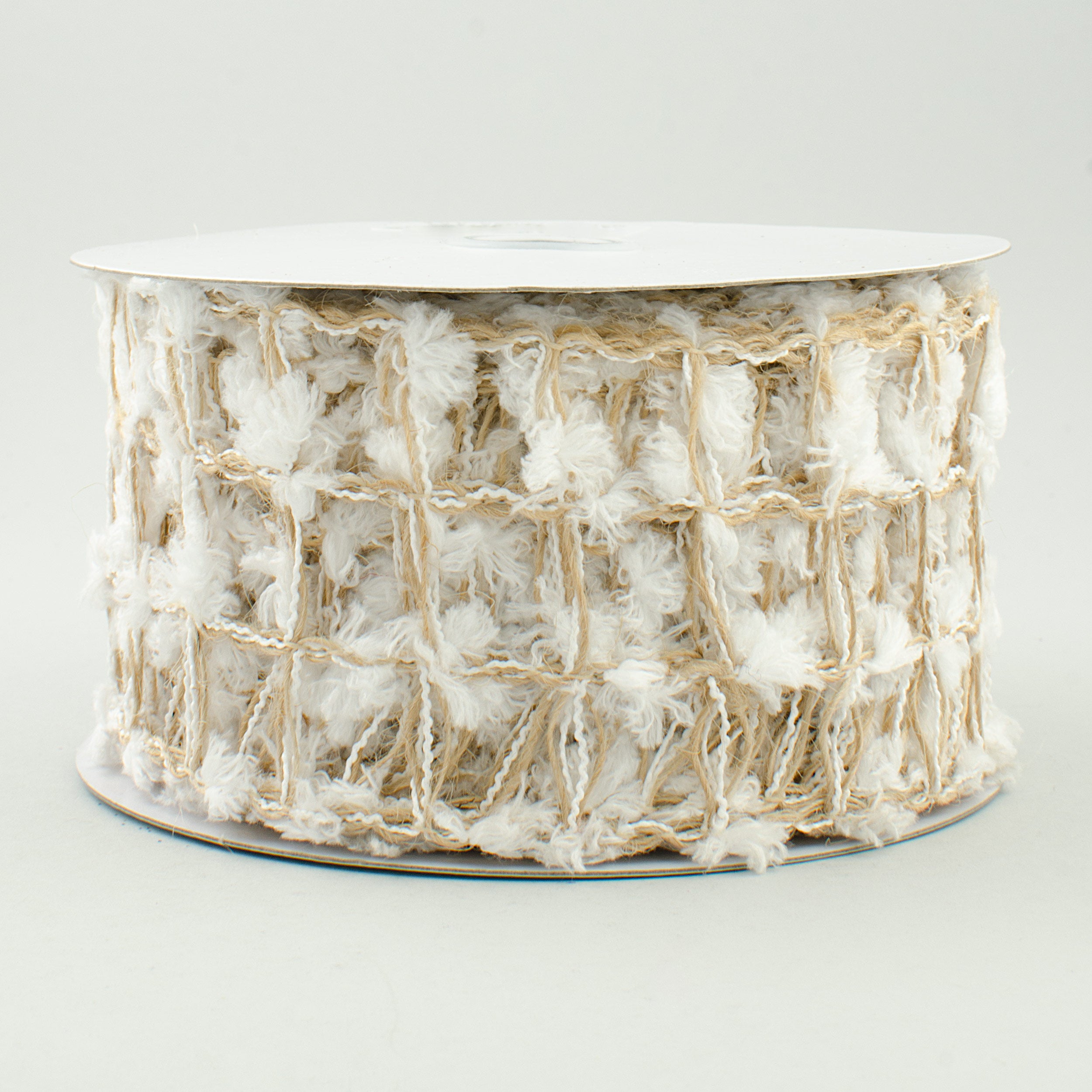 2.5" Natural Jute Snowball Square Net Ribbon: Natural & White (10 Yards)