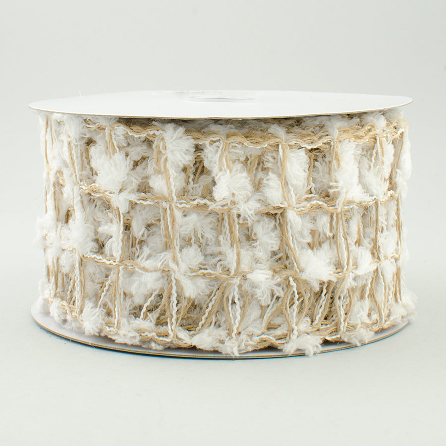 2.5" Natural Jute Snowball Square Net Ribbon: Natural & White (10 Yards)