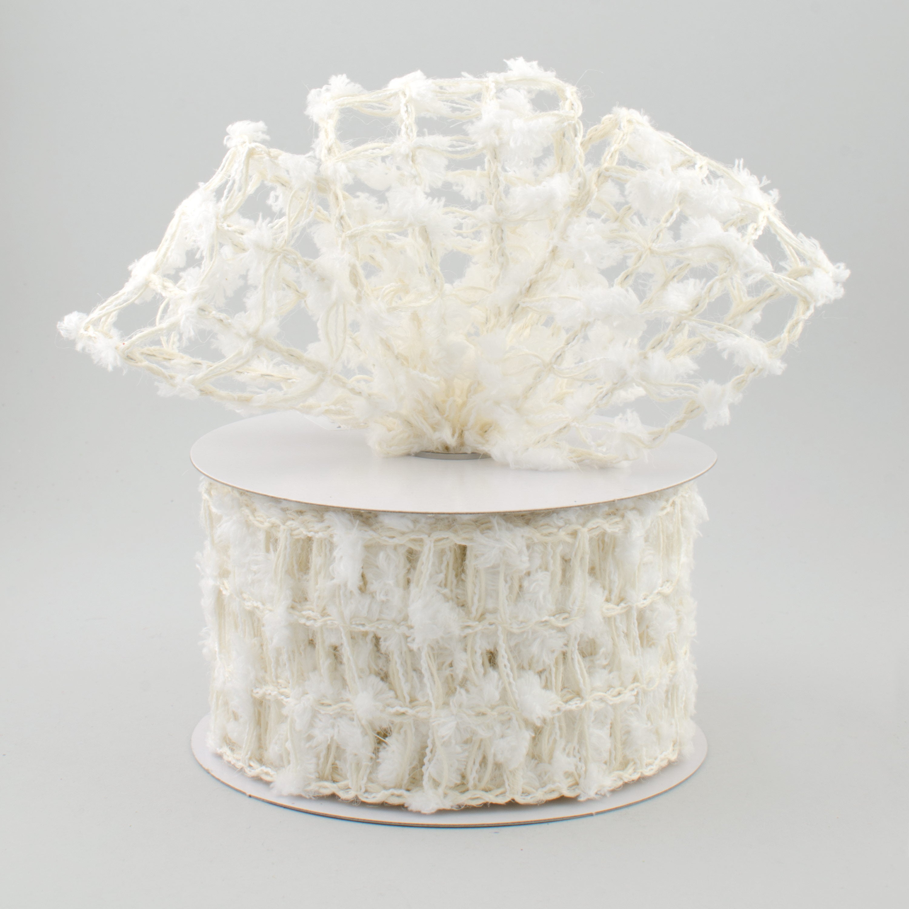 2.5" Natural Jute Snowball Square Net Ribbon: White (10 Yards) Lifestyle Photo