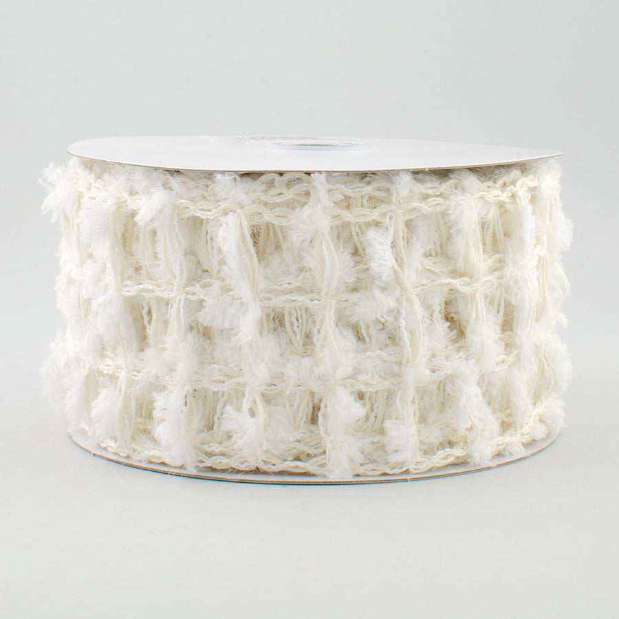 2.5" Natural Jute Snowball Square Net Ribbon: White (10 Yards)