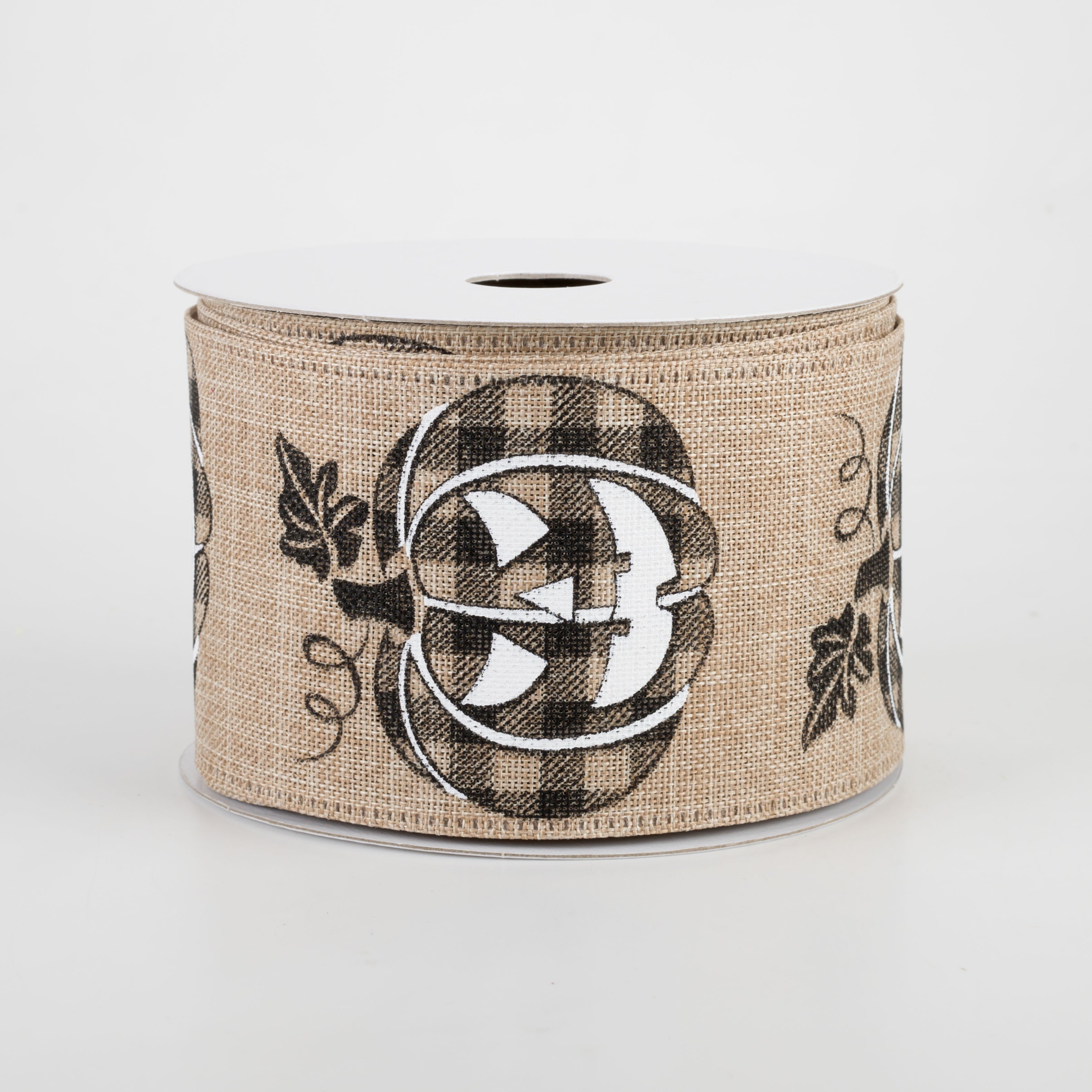 2.5" Natural Linen Buffalo Plaid Jack O Lantern Ribbon (10 Yards)