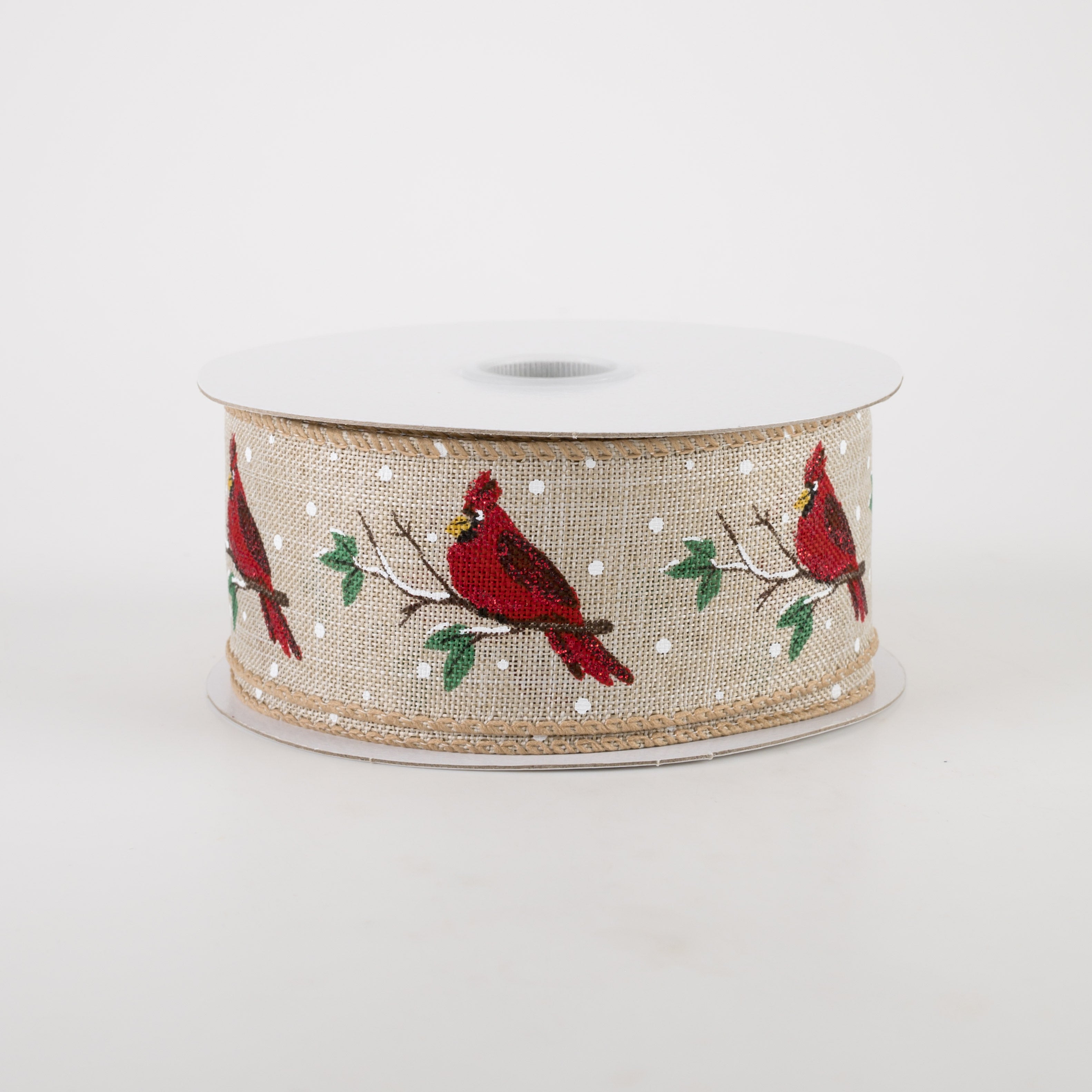 1.5" Natural Linen Cardinal On Branches Ribbon (10 Yards)
