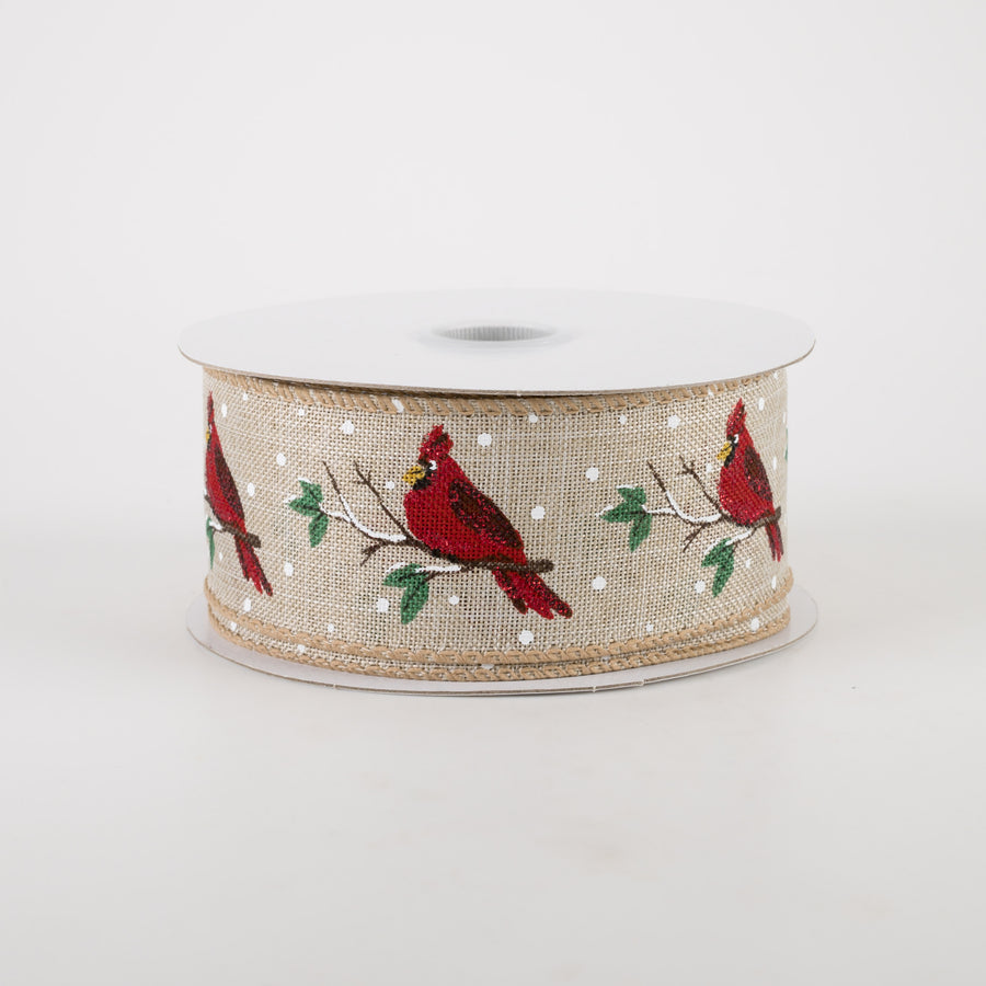 1.5" Natural Linen Cardinal On Branches Ribbon (10 Yards)