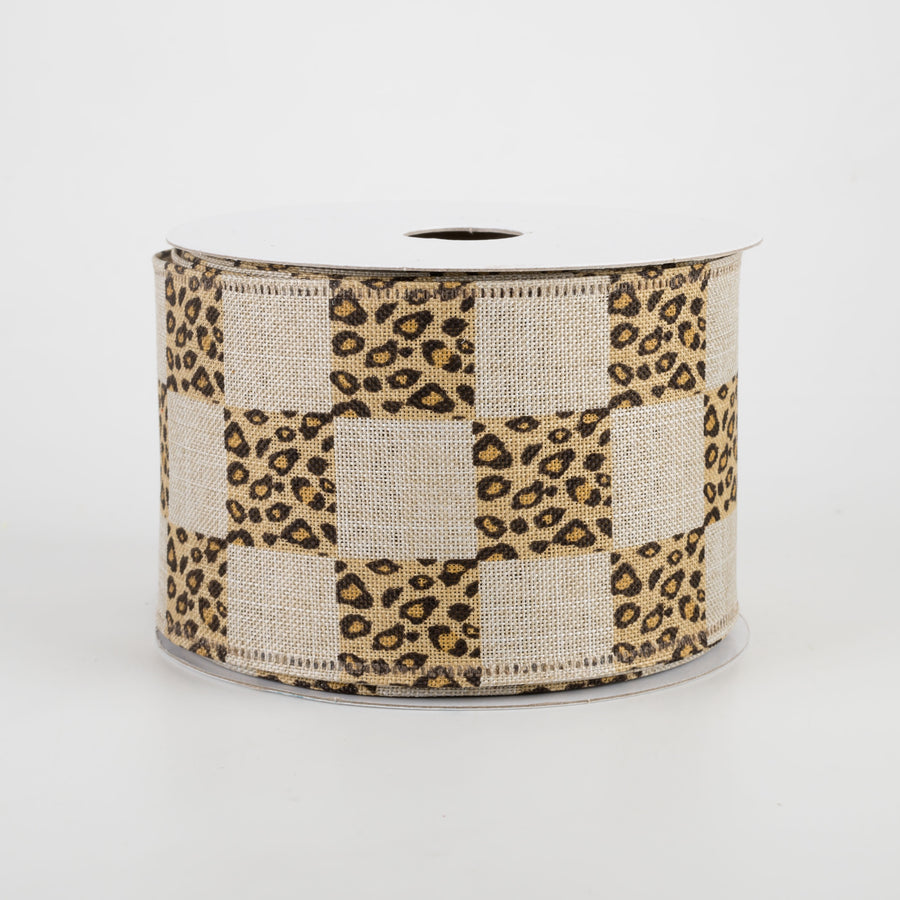 2.5" Natural Linen Cheetah Check Ribbon (10 Yards)