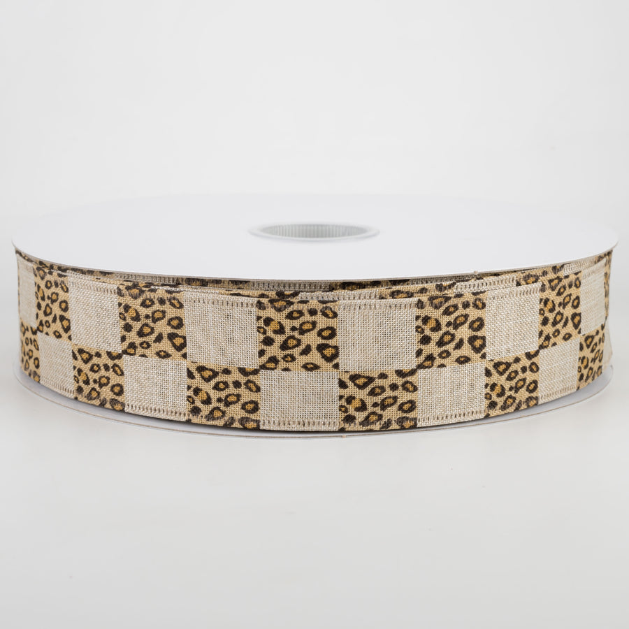 1.5" Natural Linen Cheetah Check Ribbon (50 Yards)