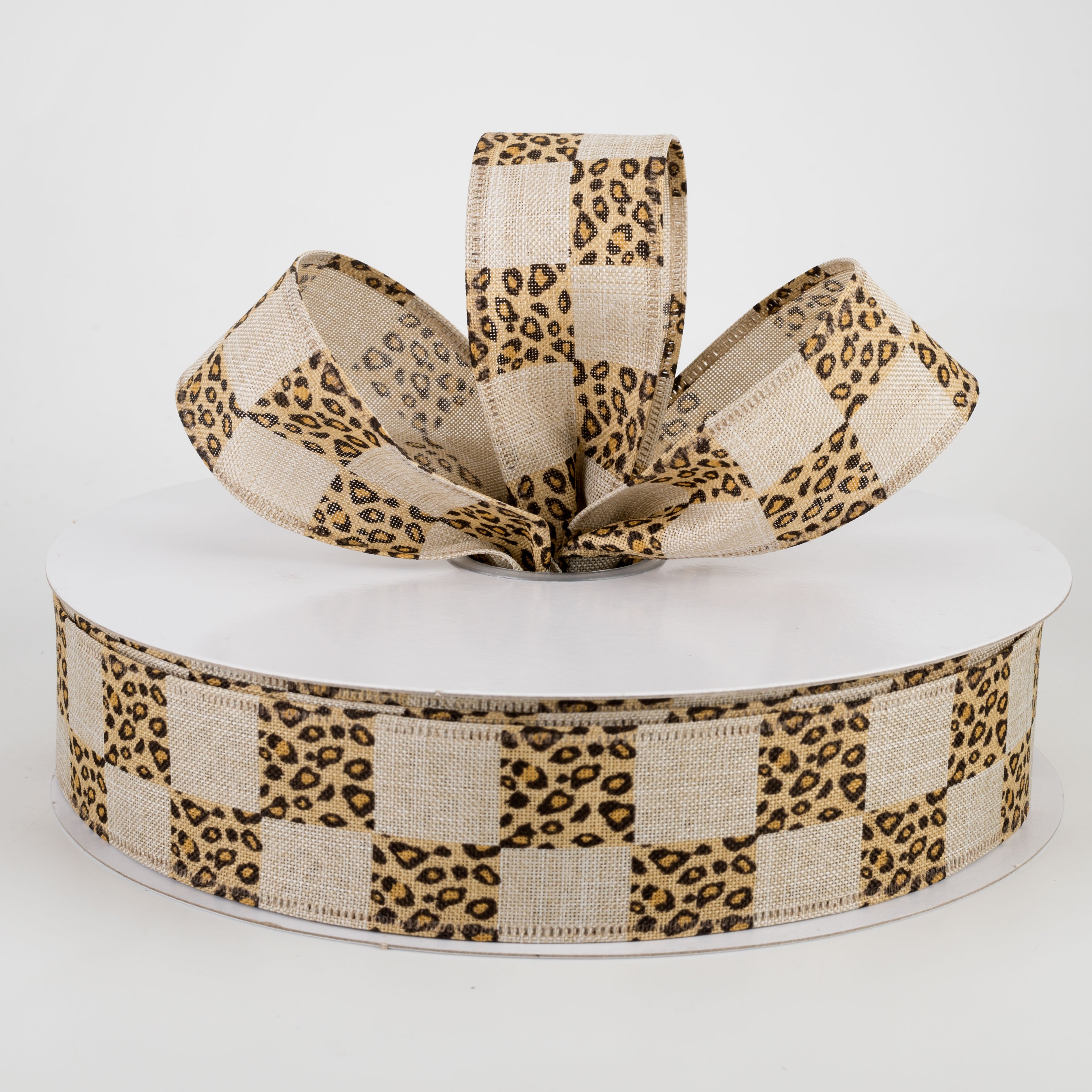 1.5" Natural Linen Cheetah Check Ribbon (50 Yards) Lifestyle Photo