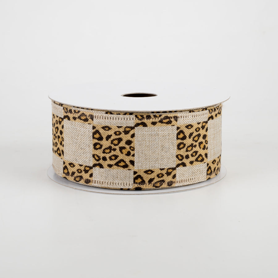 1.5" Natural Linen Cheetah Check Ribbon (10 Yards)