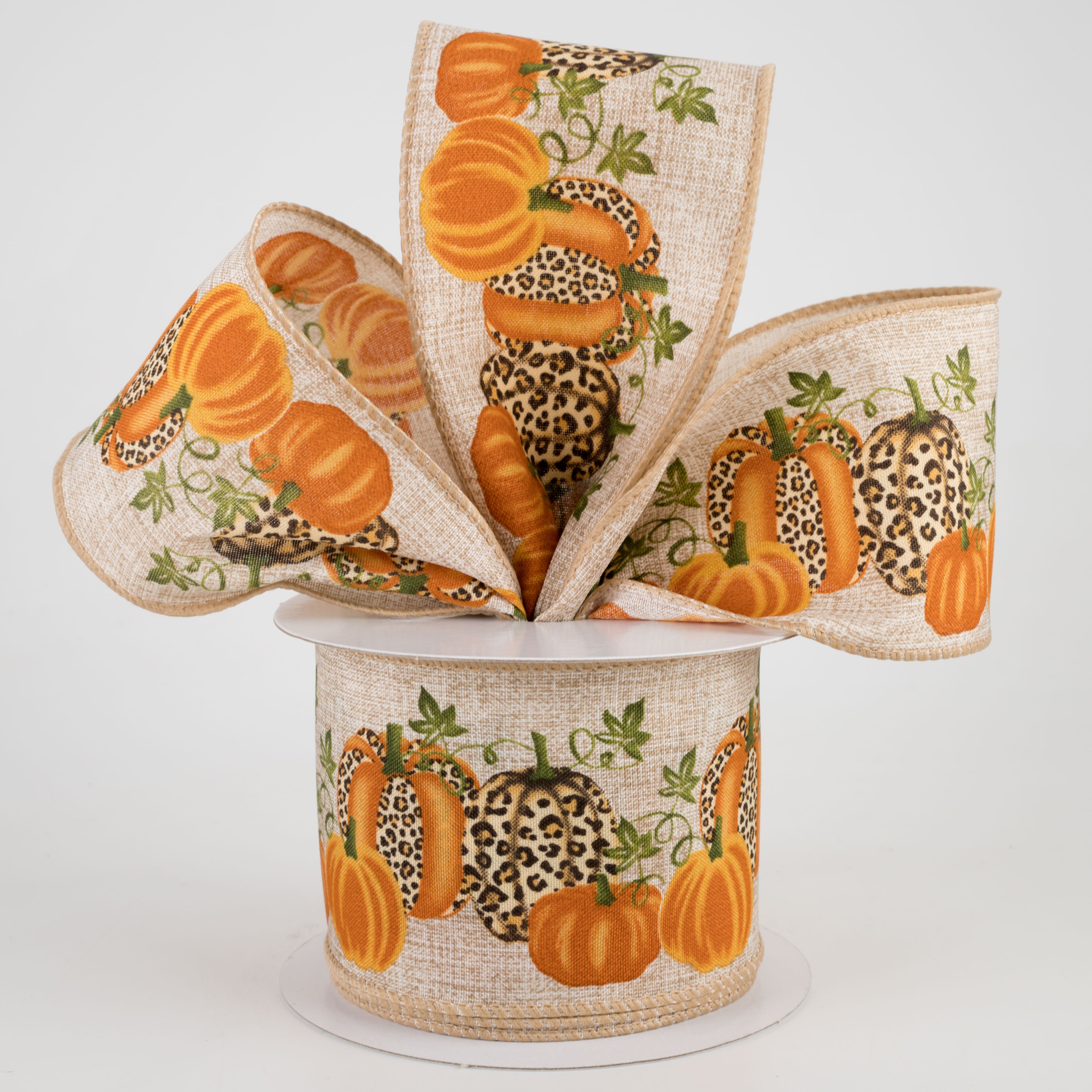 2.5" Natural Linen Cheetah Pumpkin Ribbon: Orange (10 Yards) Lifestyle Photo