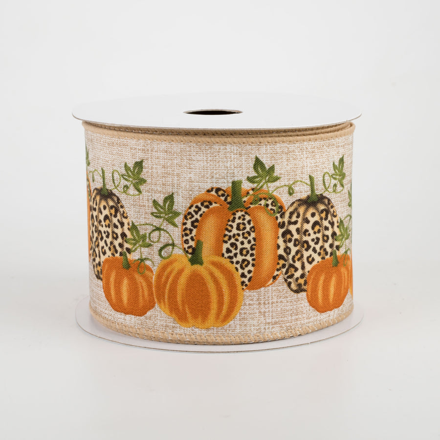 2.5" Natural Linen Cheetah Pumpkin Ribbon: Orange (10 Yards)