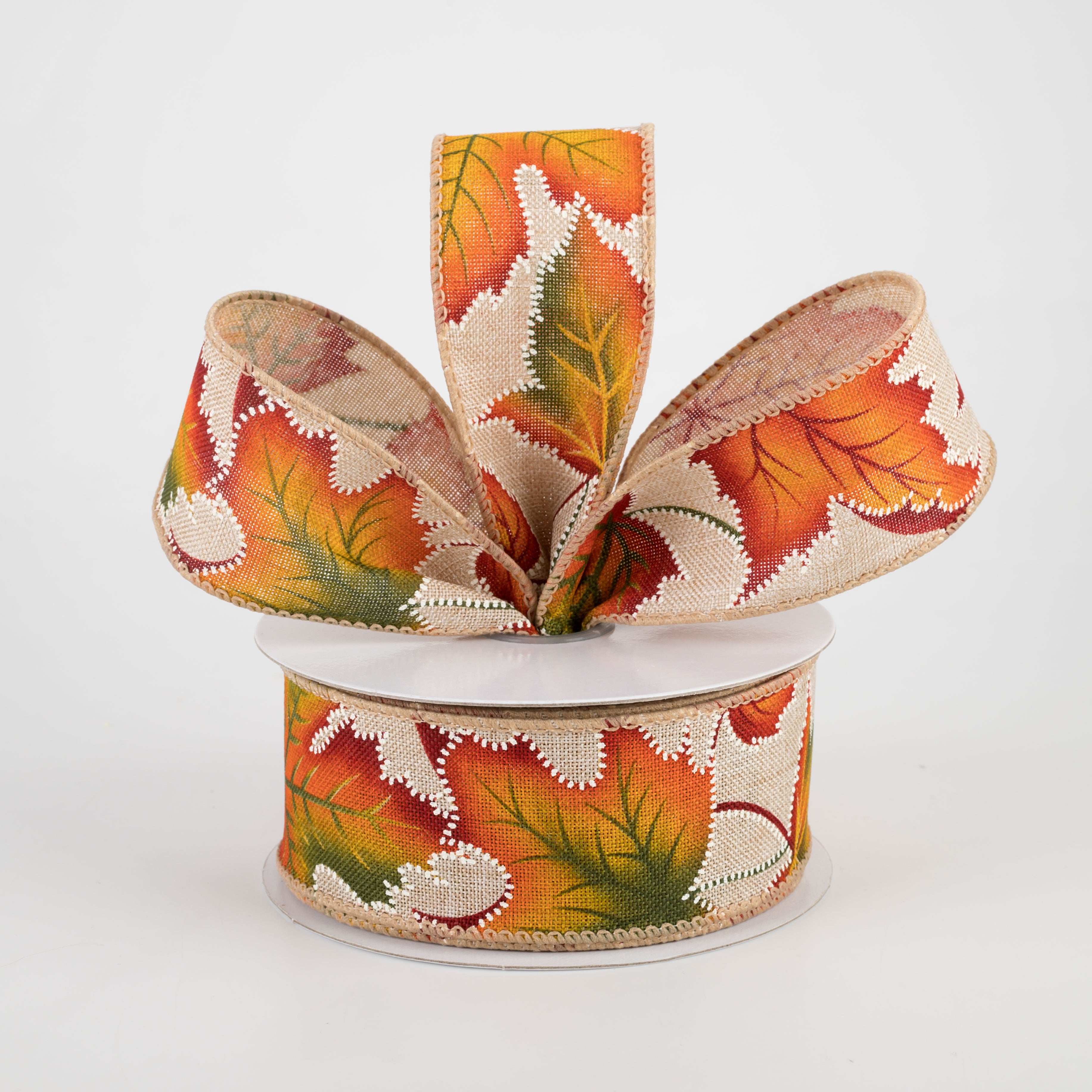 1.5" Natural Linen Dotted Fall Leaves Ribbon (10 Yards) Lifestyle Photo