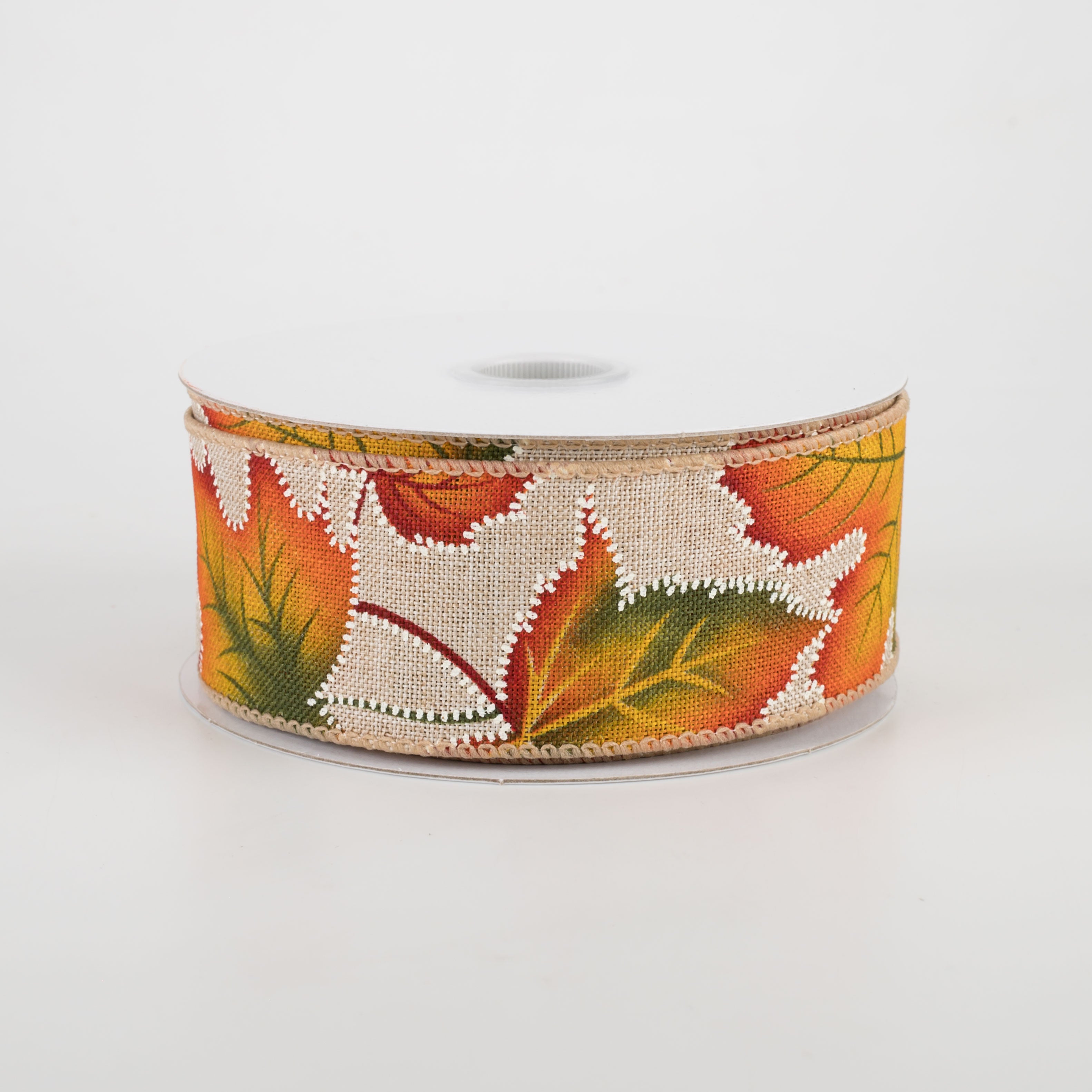 1.5" Natural Linen Dotted Fall Leaves Ribbon (10 Yards)