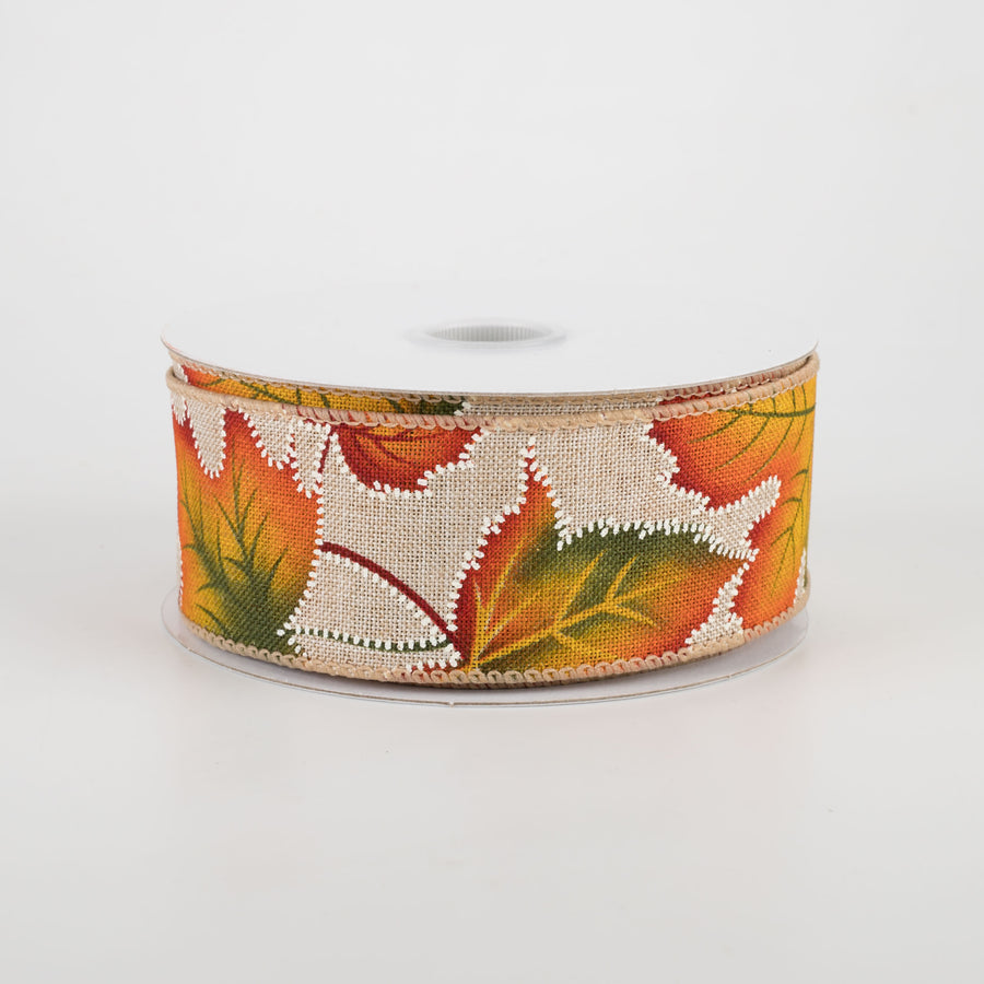 1.5" Natural Linen Dotted Fall Leaves Ribbon (10 Yards)