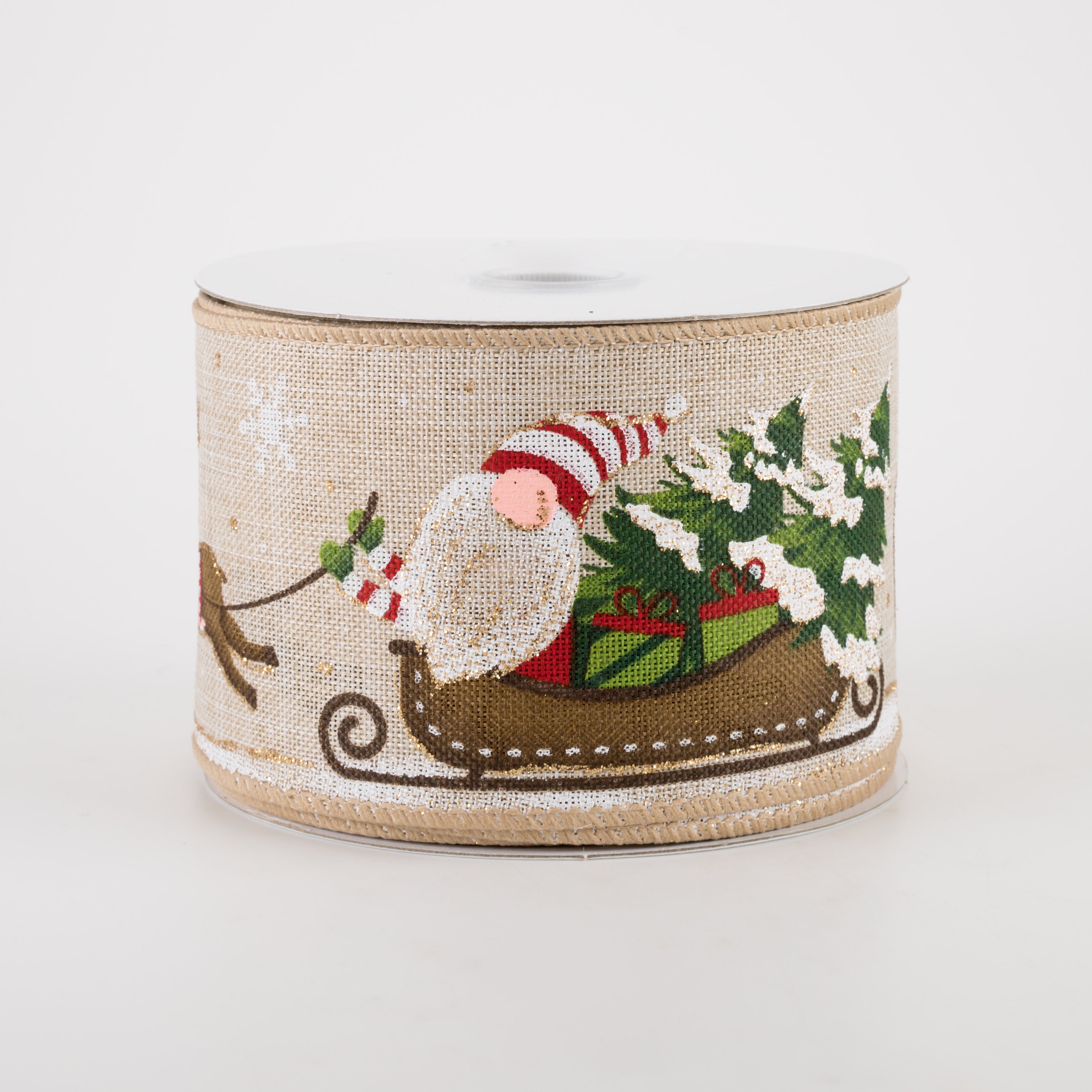 2.5" Natural Linen Gnomes on Sleigh Ribbon (10 Yards)
