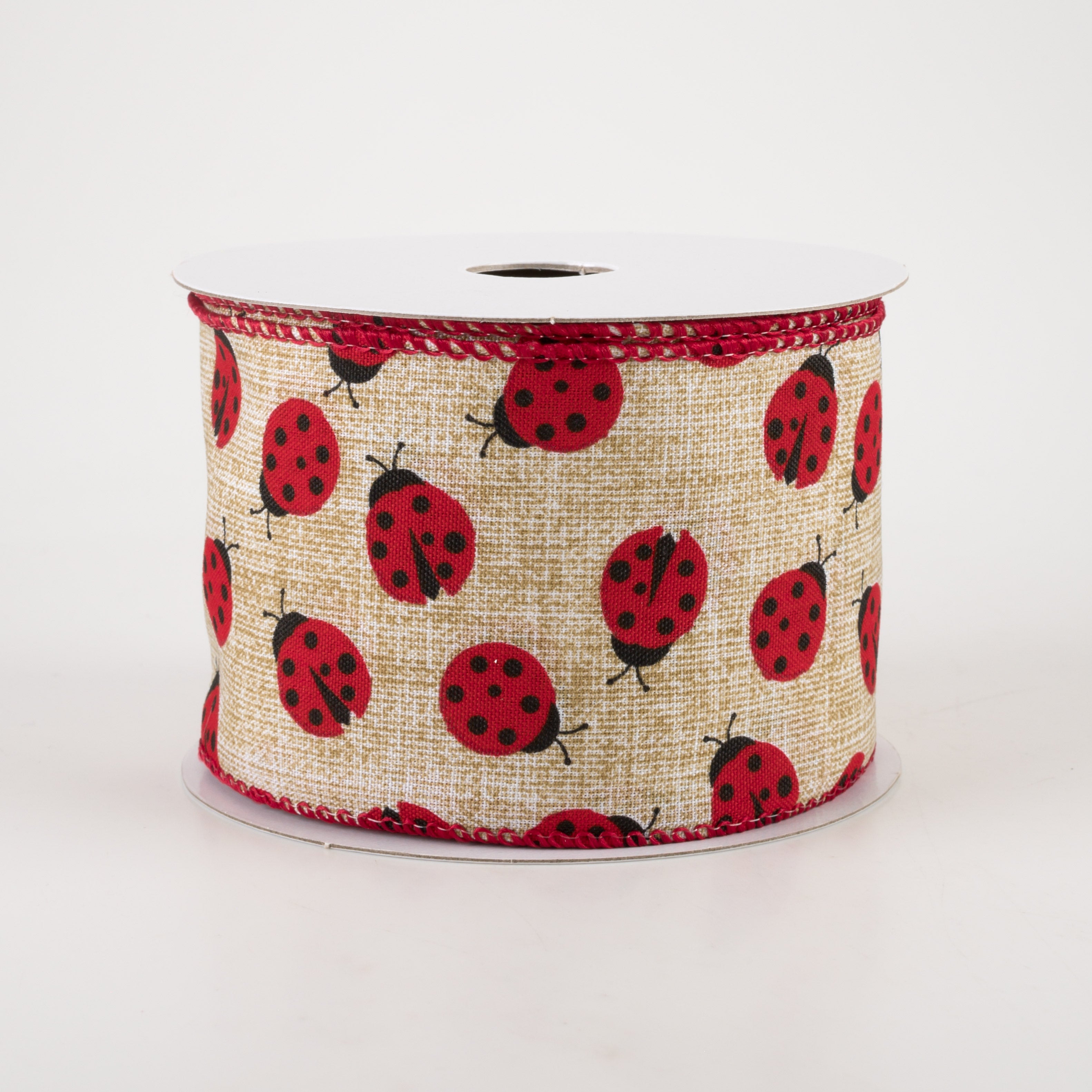 2.5" Natural Linen Ladybugs Ribbon (10 Yards)