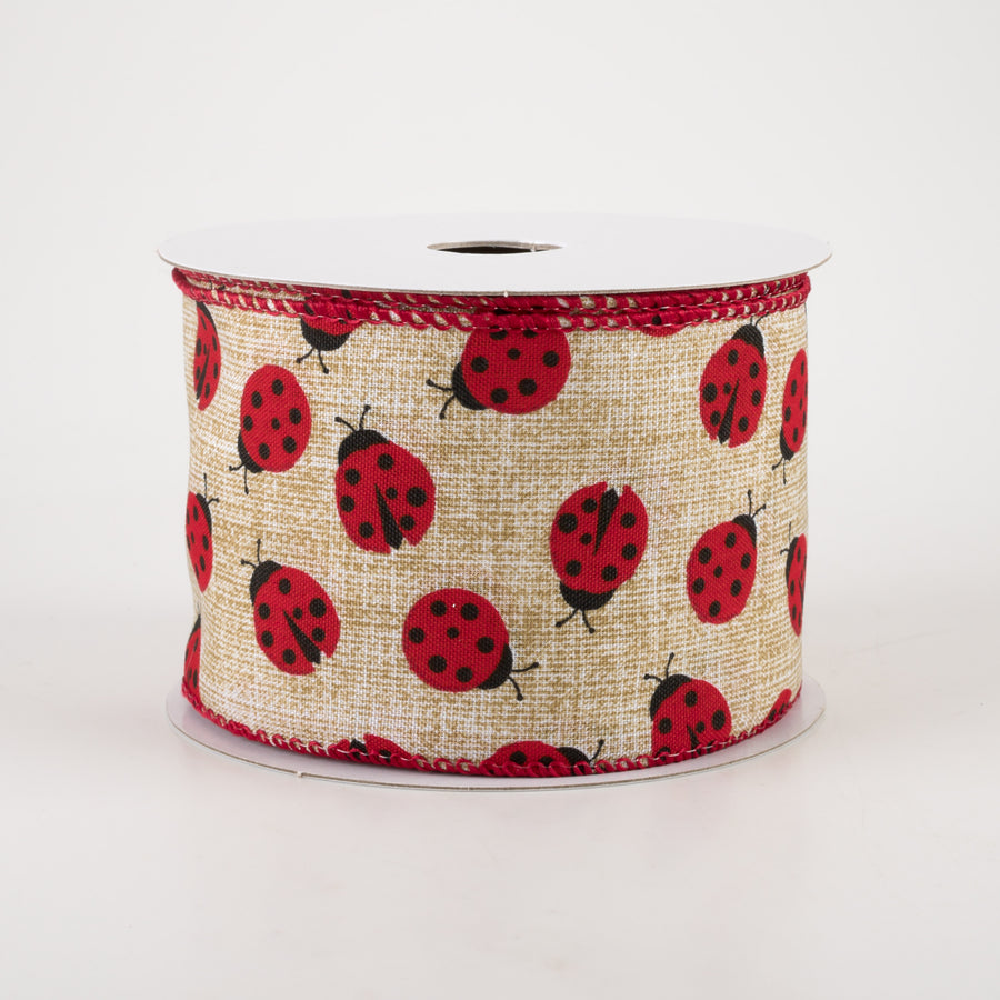 2.5" Natural Linen Ladybugs Ribbon (10 Yards)
