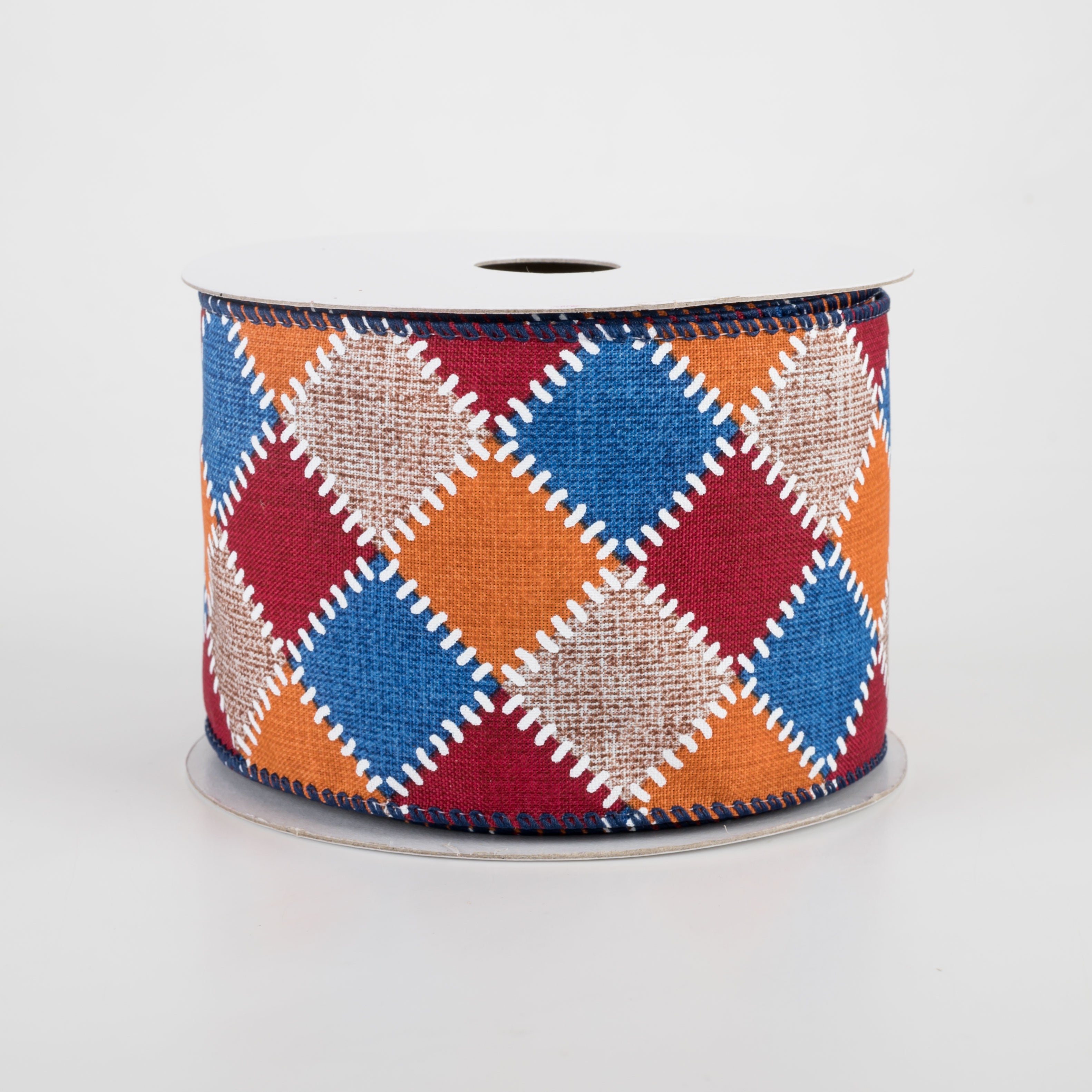 2.5" Natural Stitch Check Ribbon: Blue, Burgundy, Orange (10 Yards)
