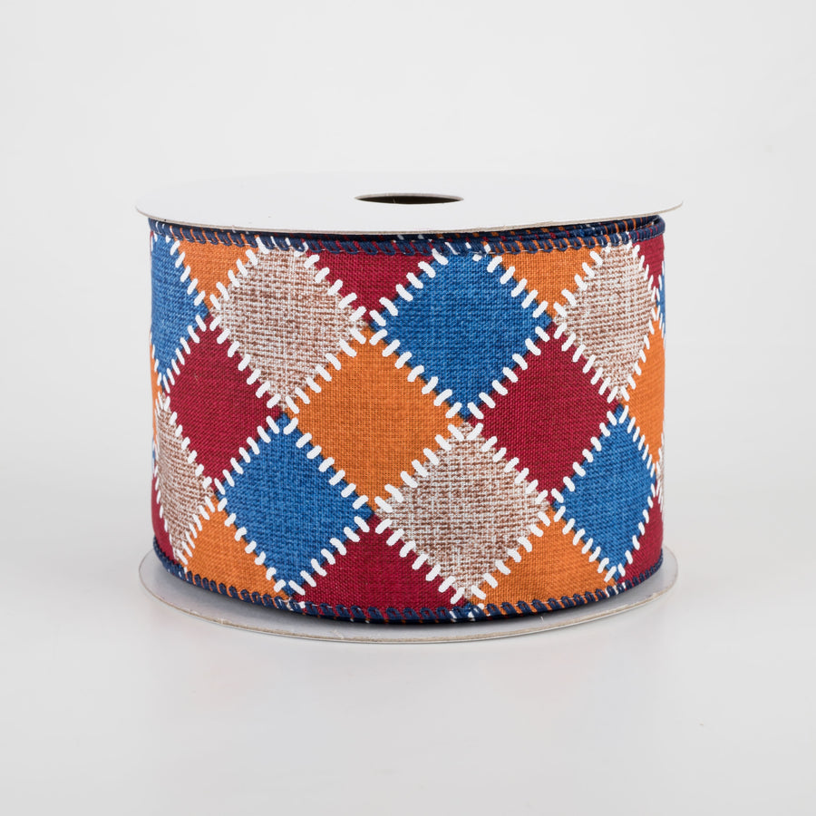 2.5" Natural Stitch Check Ribbon: Blue, Burgundy, Orange (10 Yards)
