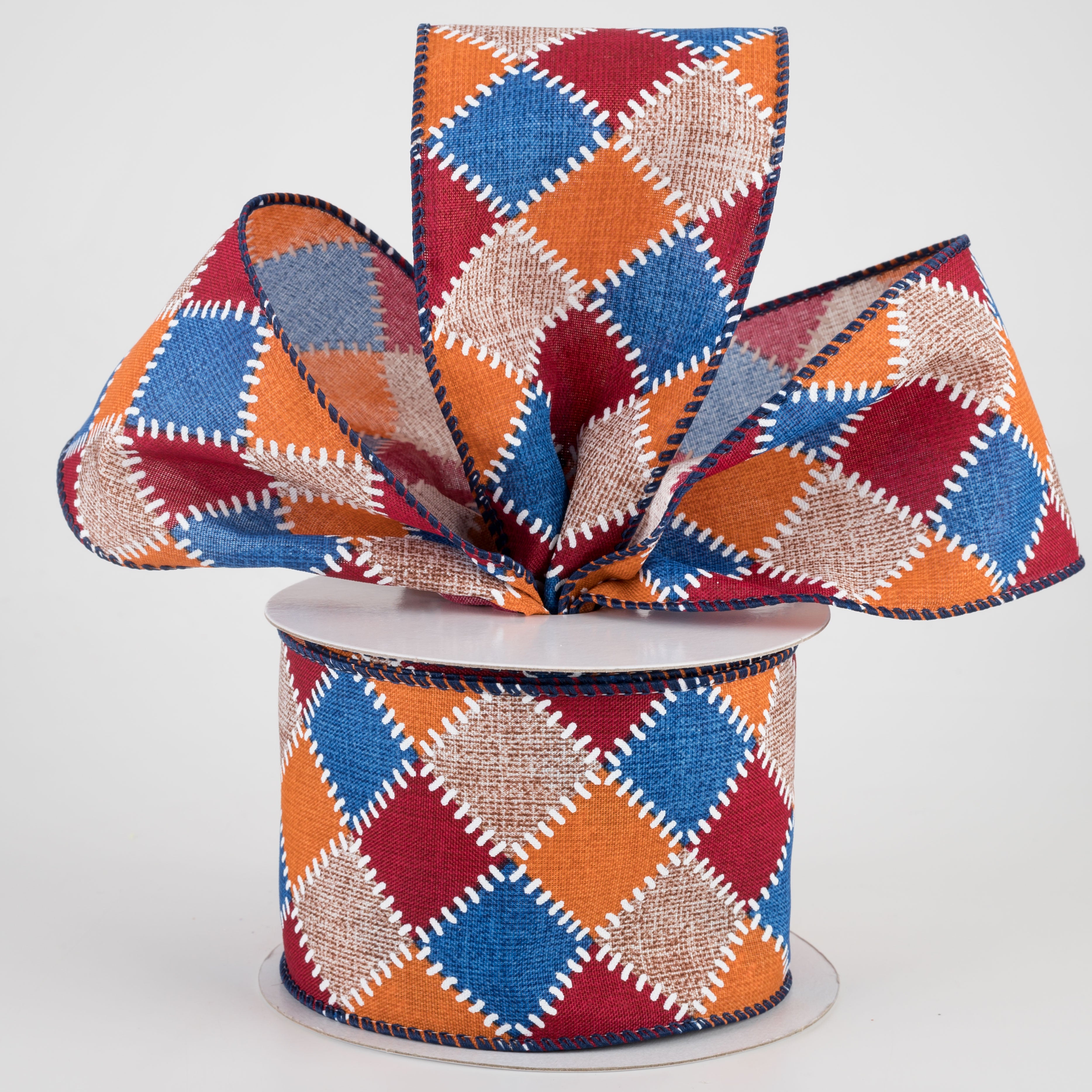 2.5" Natural Stitch Check Ribbon: Blue, Burgundy, Orange (10 Yards) Lifestyle Photo