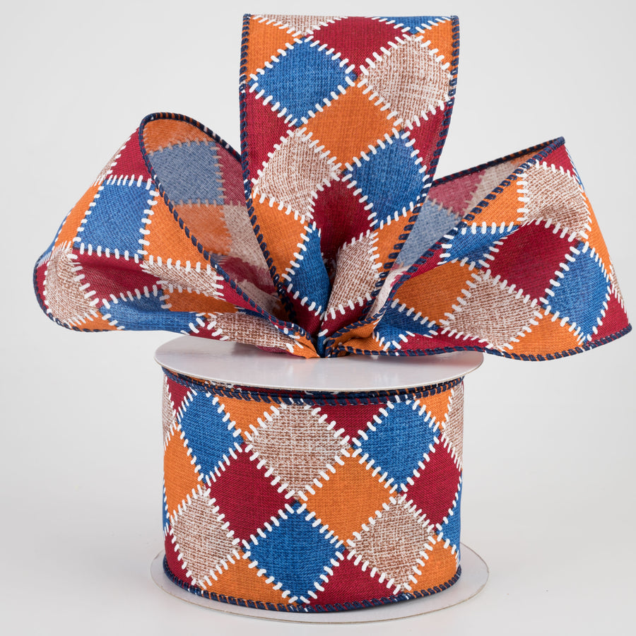 2.5" Natural Stitch Check Ribbon: Blue, Burgundy, Orange (10 Yards) Lifestyle Photo