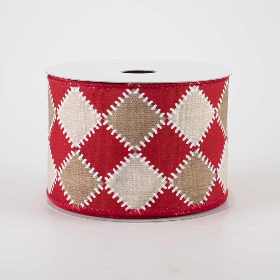 2.5" Natural Stitch Check Ribbon: Red & Ivory (10 Yards) Item Number: 71136-40-12
