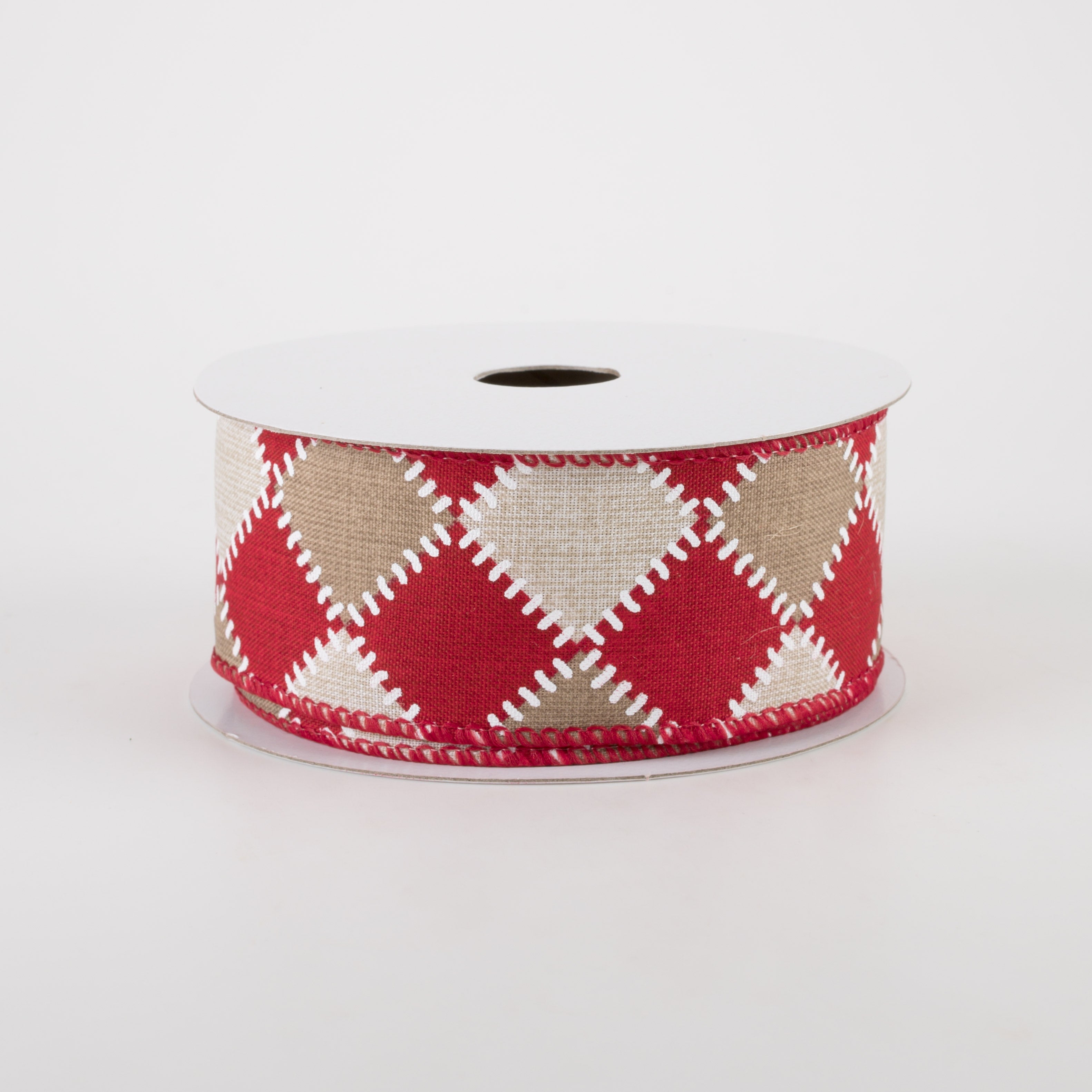 1.5" Natural Stitch Check Ribbon: Red & Ivory (10 Yards)