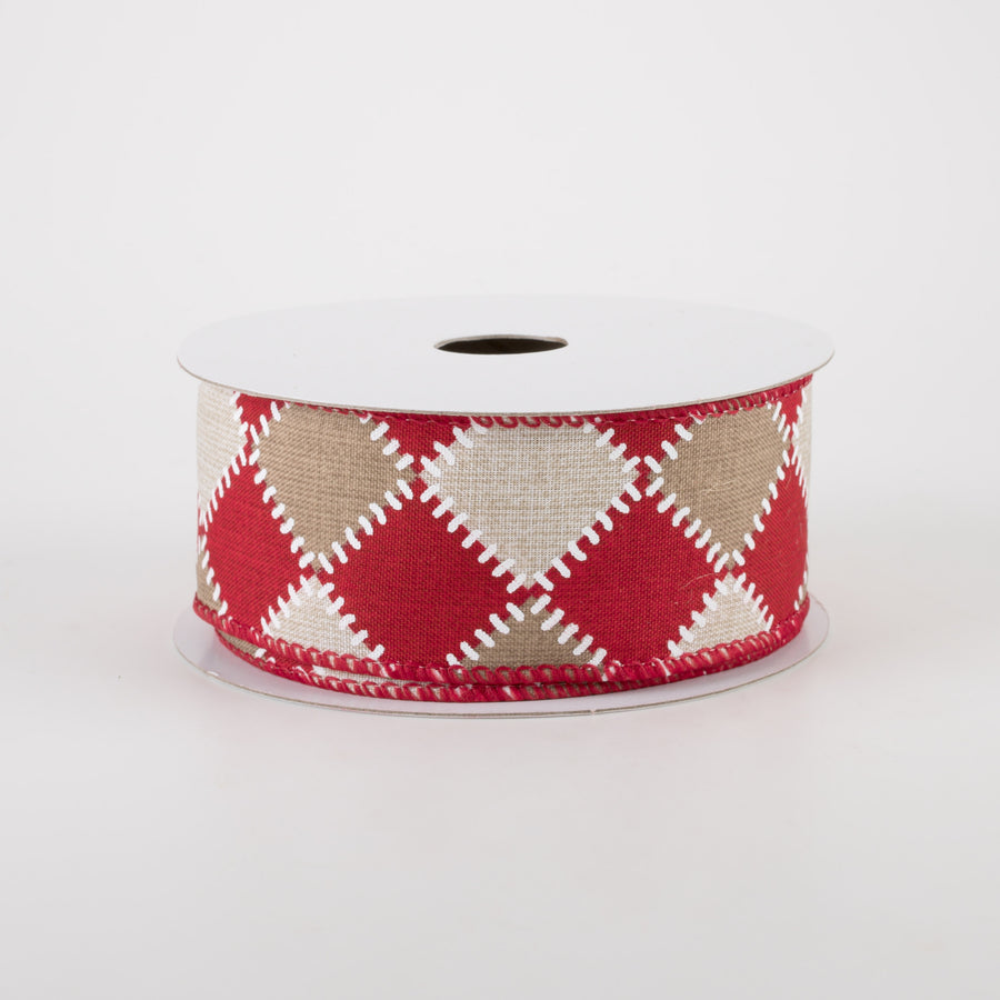 1.5" Natural Stitch Check Ribbon: Red & Ivory (10 Yards)