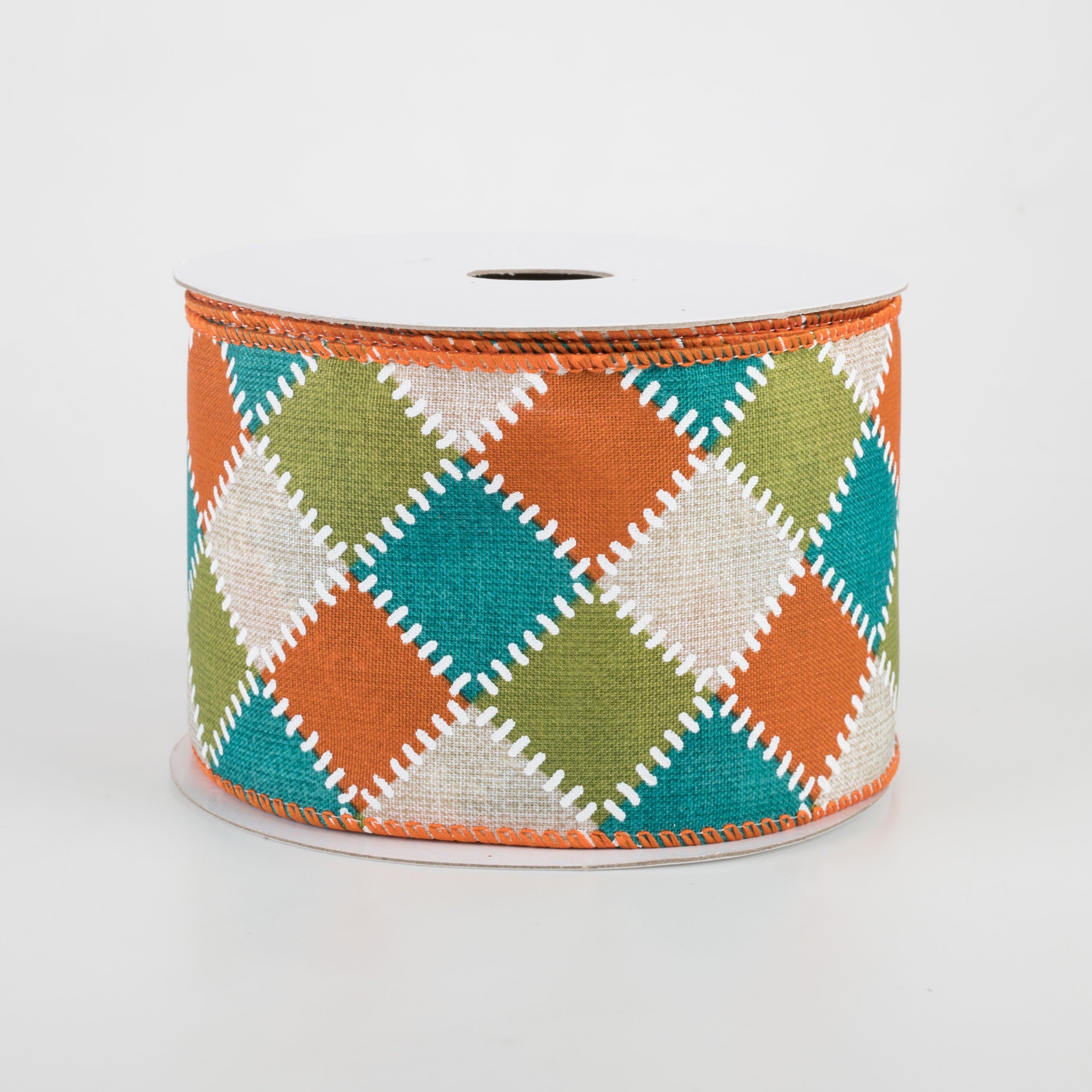 2.5" Natural Stitch Check Ribbon: Teal, Moss, Orange (10 Yards)