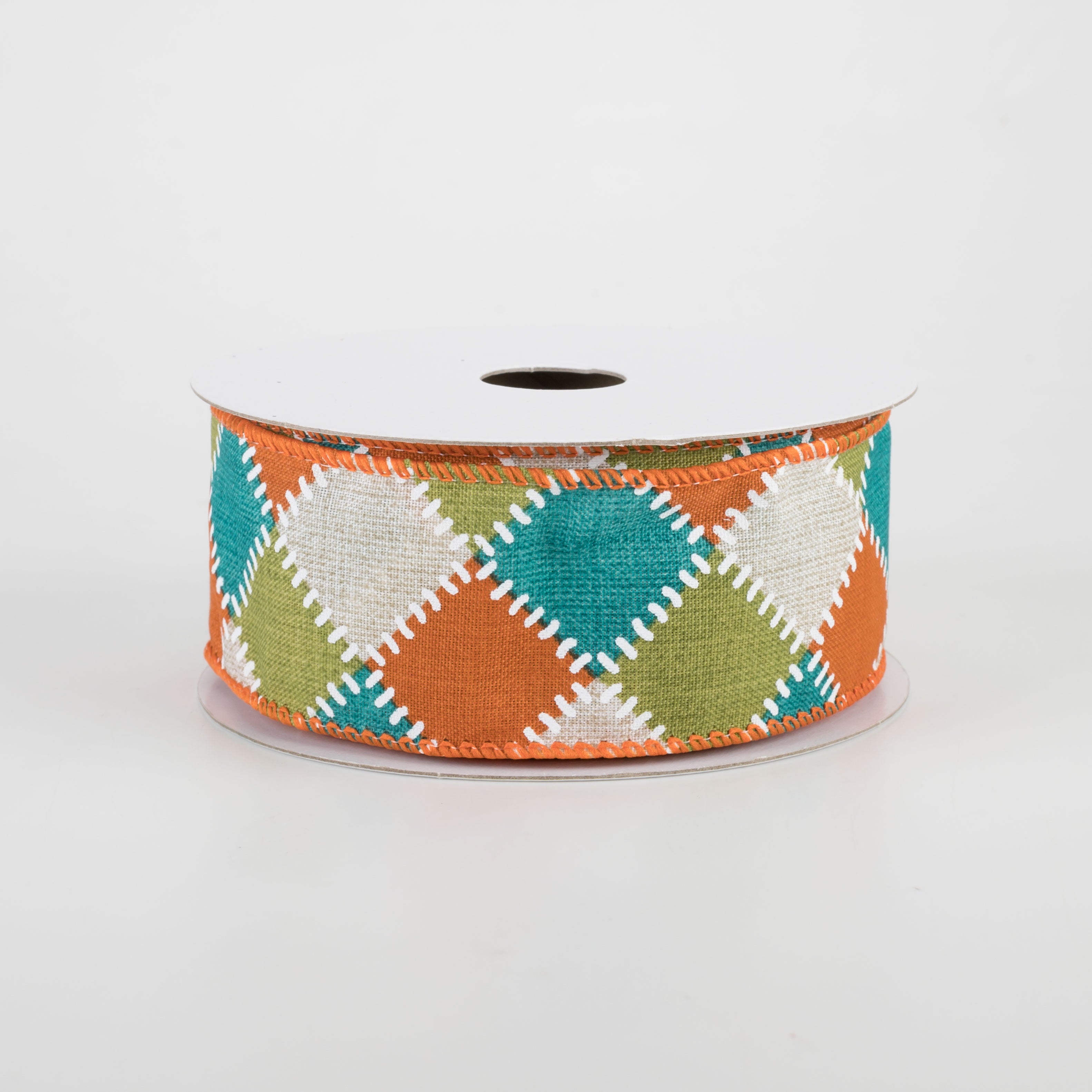 1.5" Natural Stitch Check Ribbon: Teal, Moss, Orange (10 Yards)