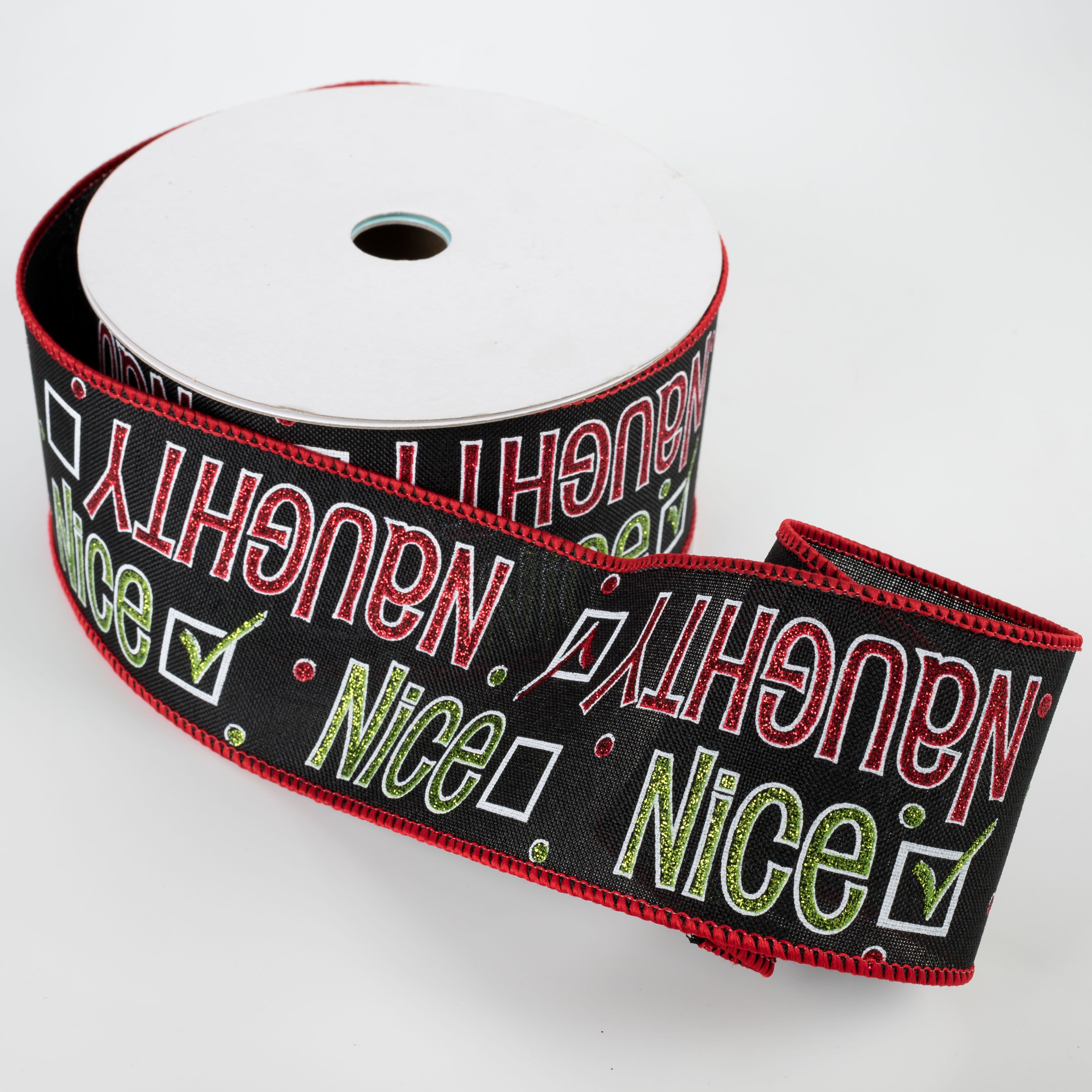 2.5" Naughty Or Nice Ribbon: Black, Green, Red, White (10 Yards) Lifestyle Photo