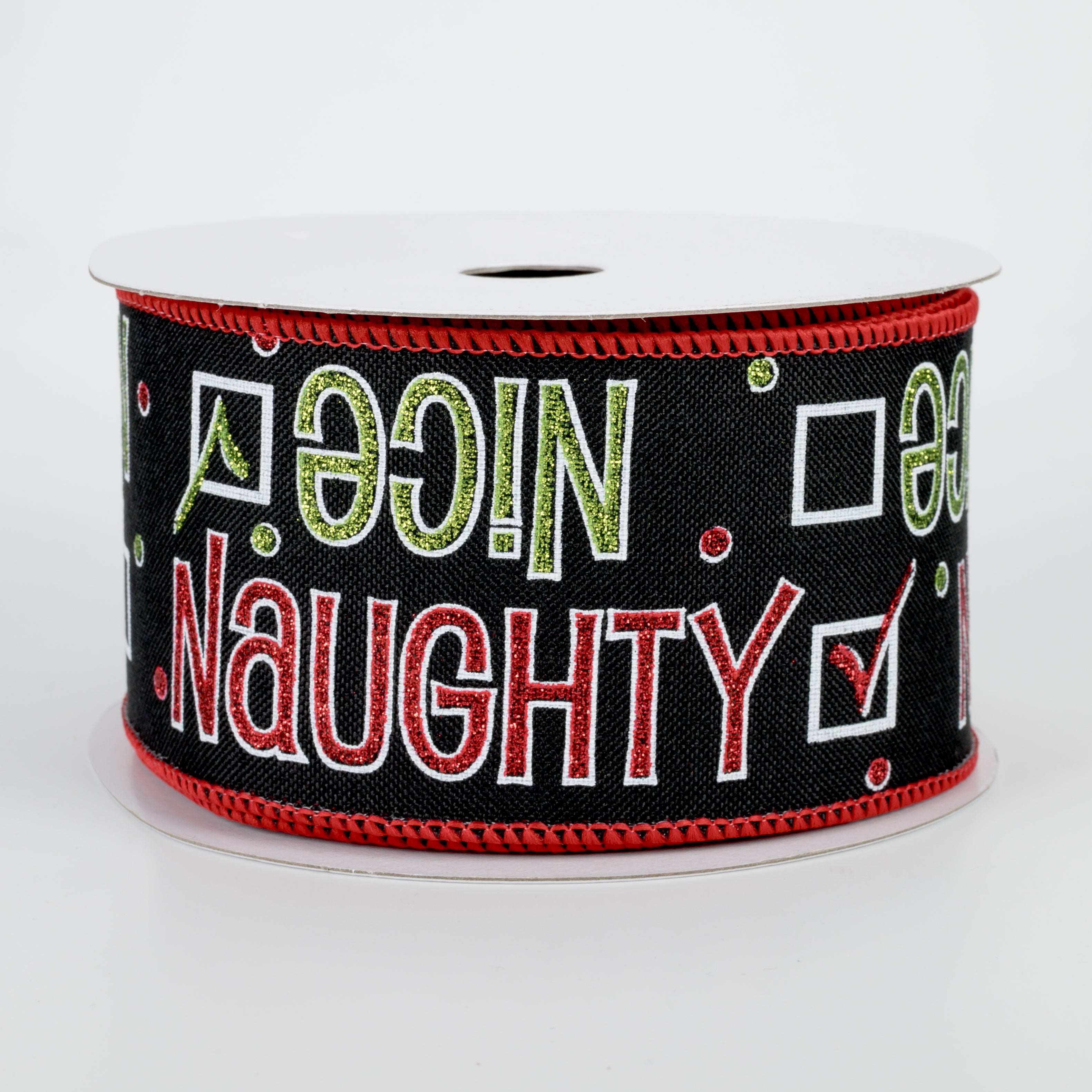 2.5" Naughty Or Nice Ribbon: Black, Green, Red, White (10 Yards)