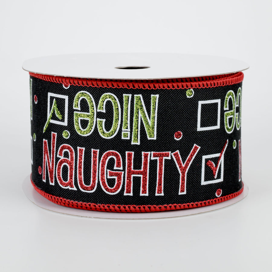 2.5" Naughty Or Nice Ribbon: Black, Green, Red, White (10 Yards)