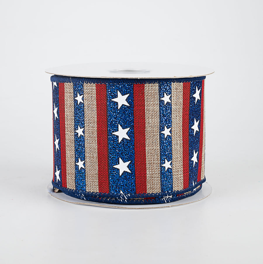 2.5" Navy Glitter Stripes With Stars Ribbon: Natural (10 Yards) Item Number: 41041-40-25