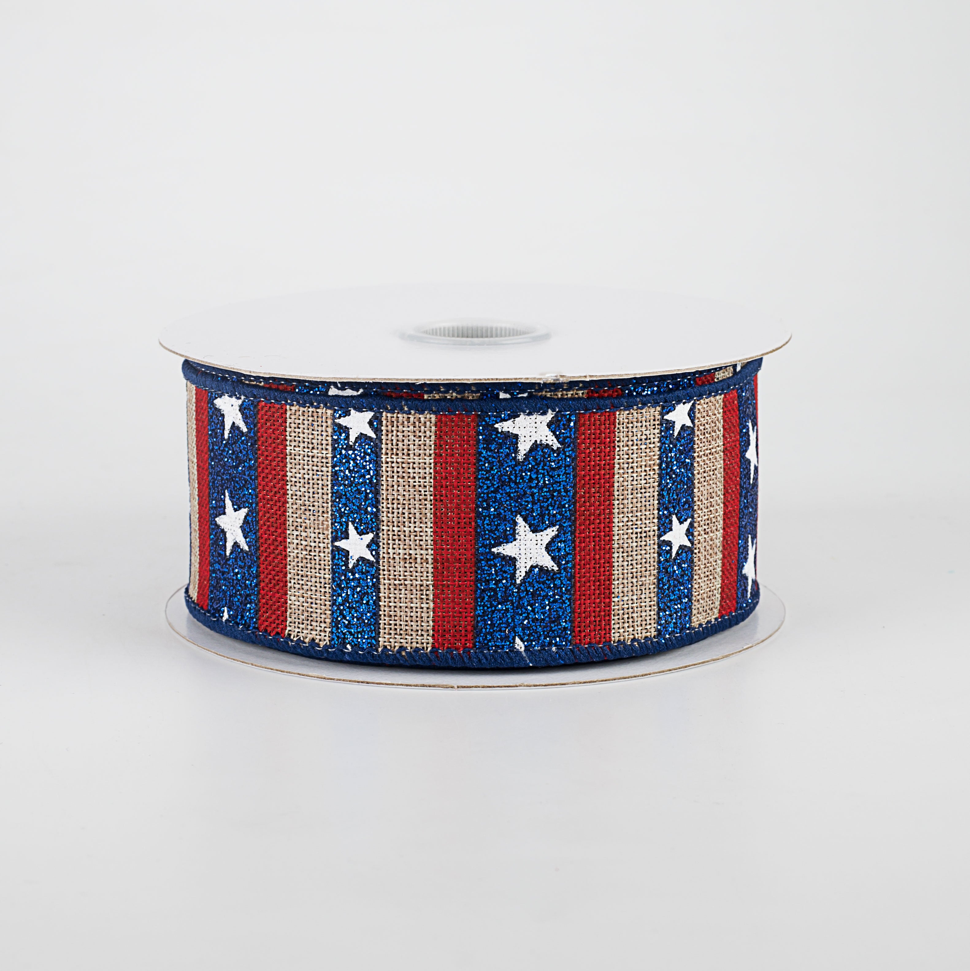1.5" Navy Glitter Stripes With Stars Ribbon: Natural (10 Yards)