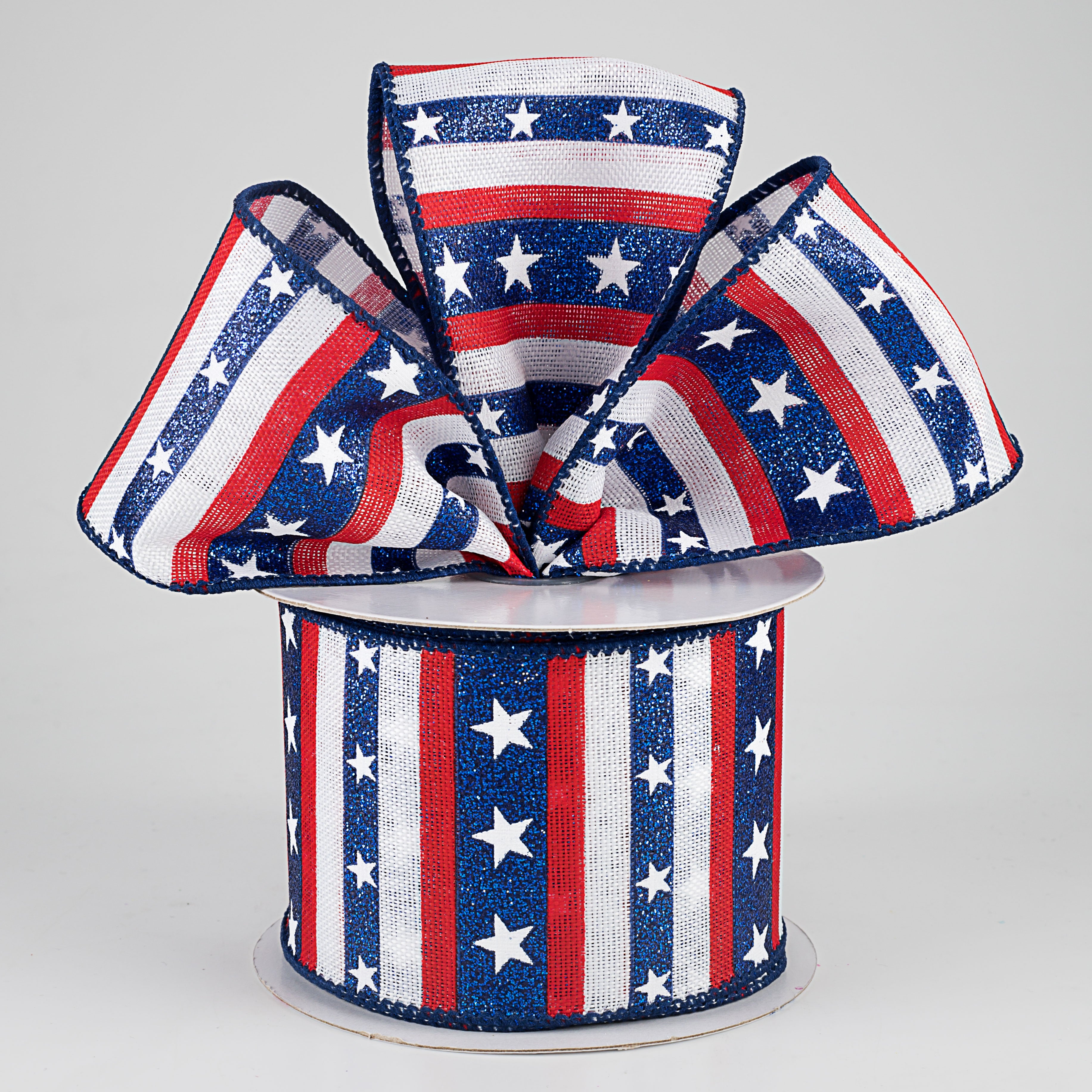 2.5" Navy Glitter Stripes With Stars Ribbon: White (10 Yards) Lifestyle Photo