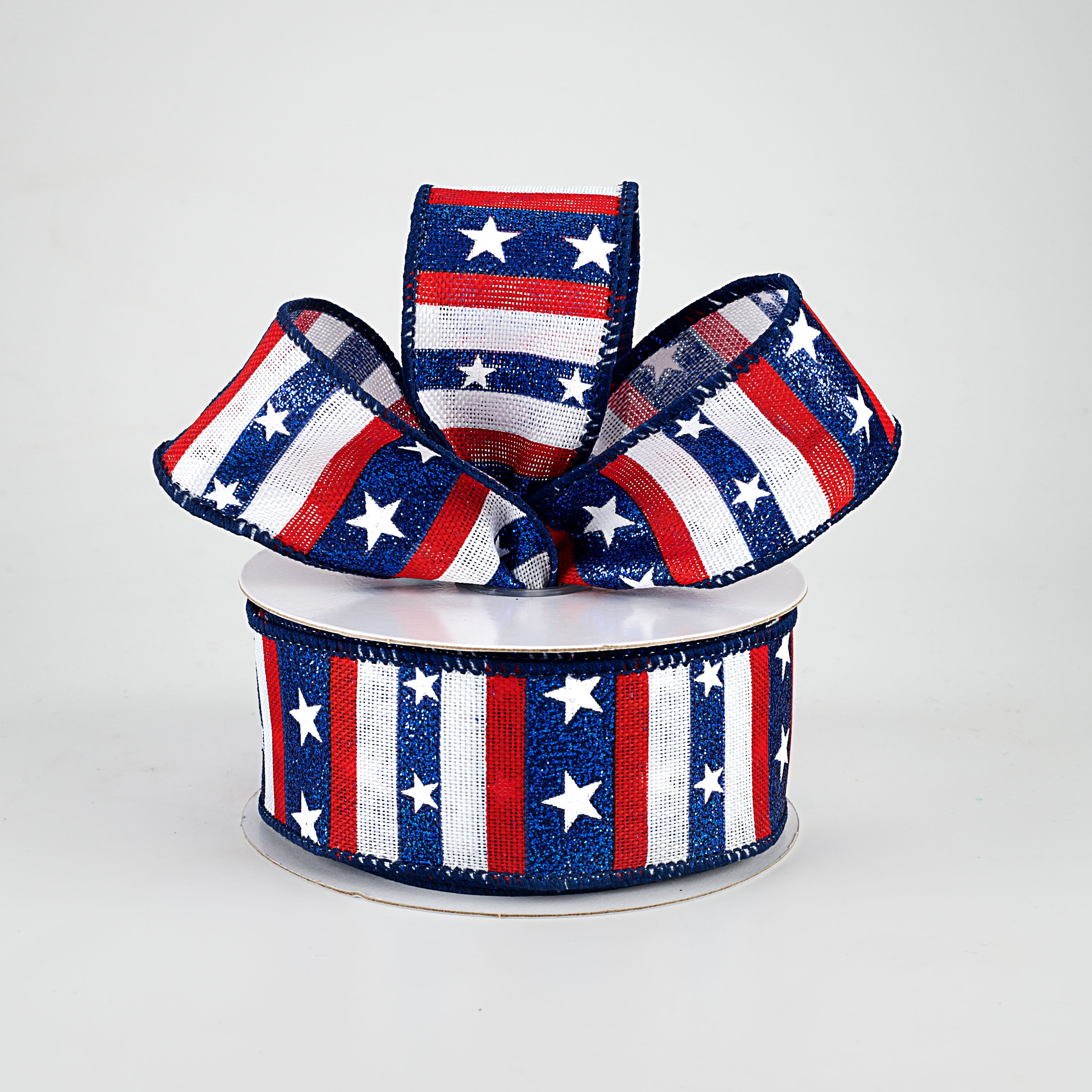 1.5" Navy Glitter Stripes With Stars Ribbon: White (10 Yards) Lifestyle Photo