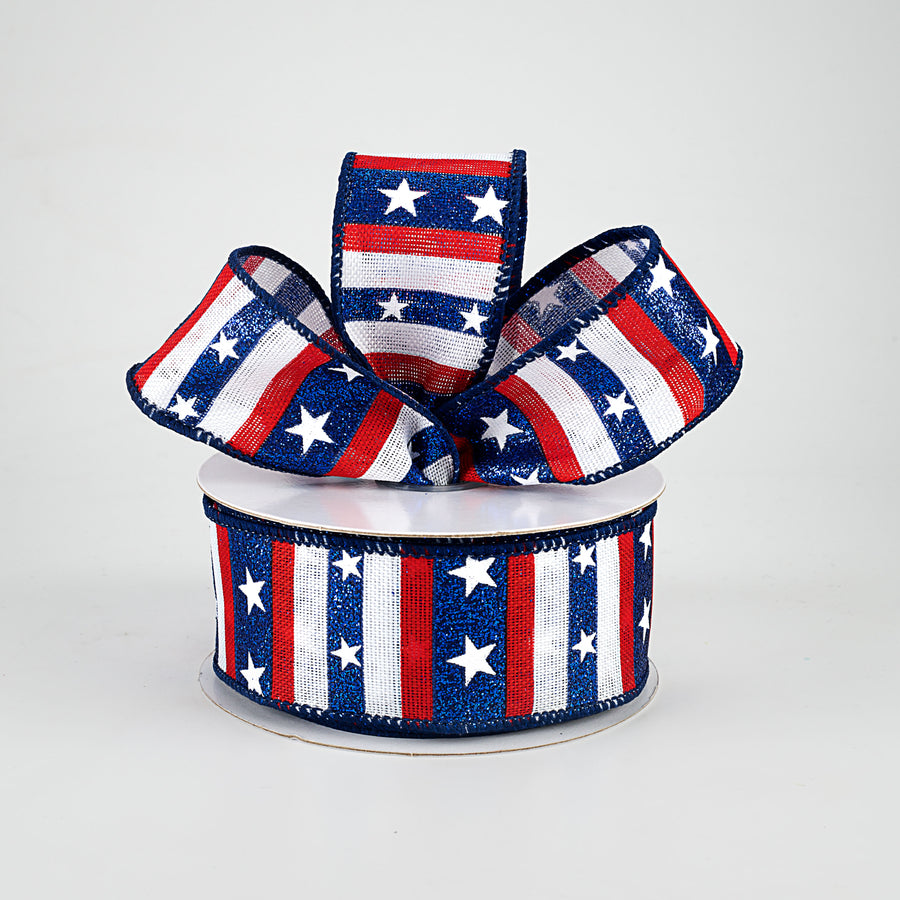 1.5" Navy Glitter Stripes With Stars Ribbon: White (10 Yards) Lifestyle Photo