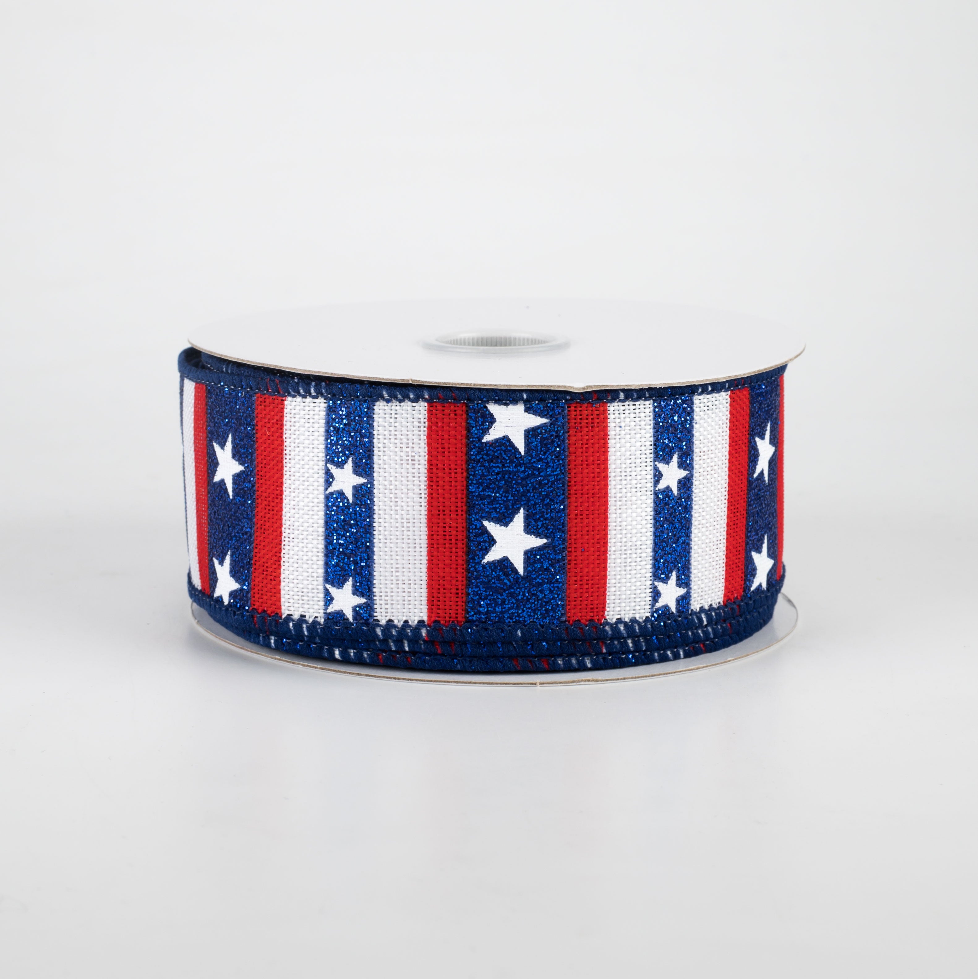 1.5" Navy Glitter Stripes With Stars Ribbon: White (10 Yards)