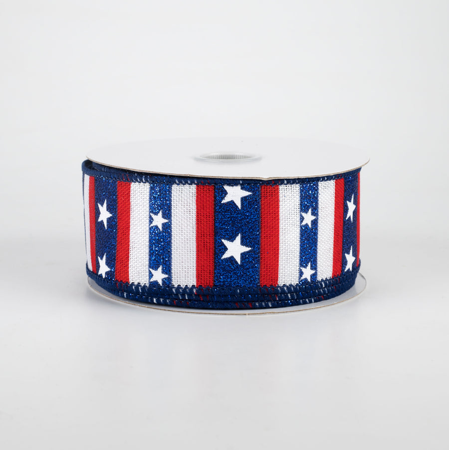 1.5" Navy Glitter Stripes With Stars Ribbon: White (10 Yards)