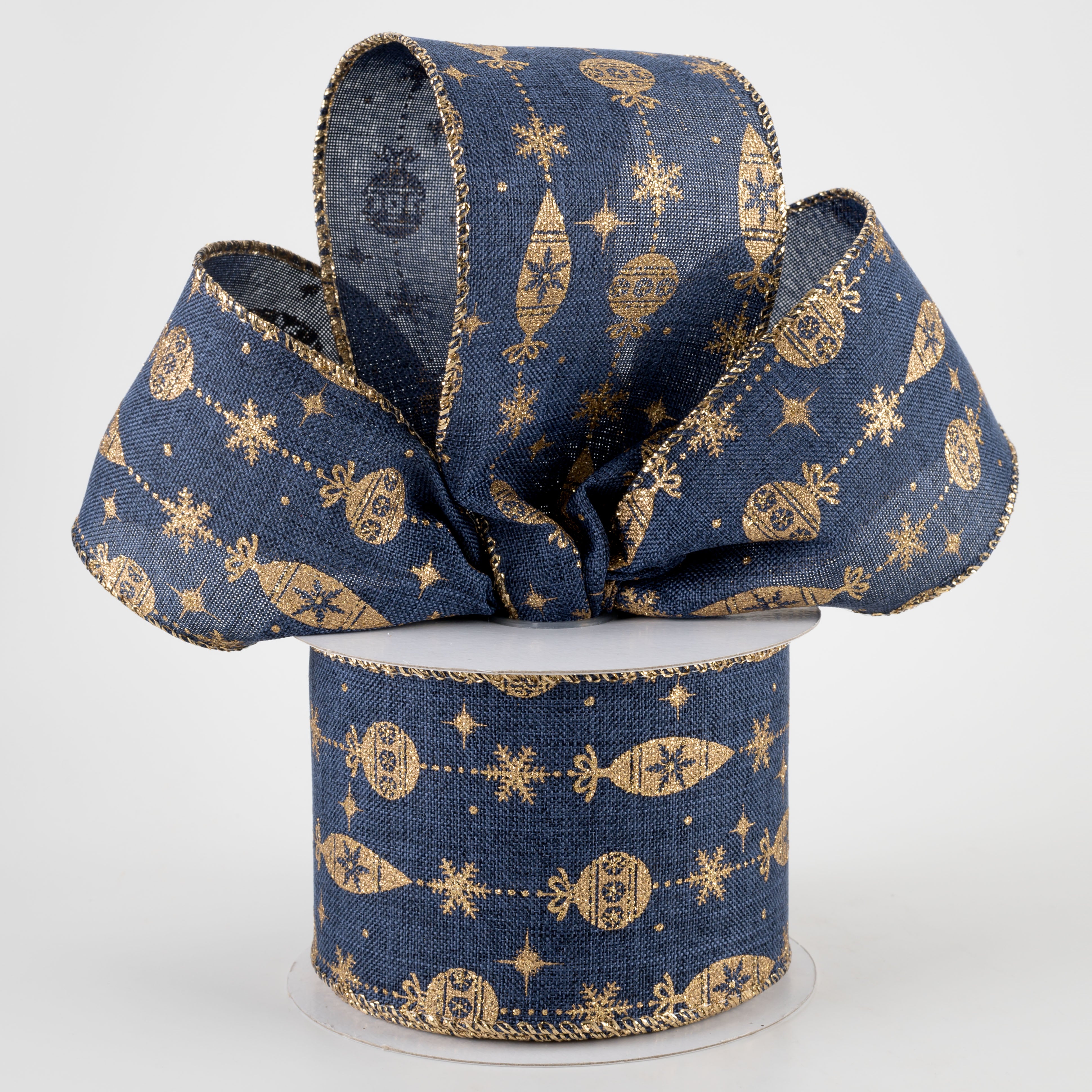 2.5" Navy Linen Gold Ornament Ribbon (10 Yards) Lifestyle Photo