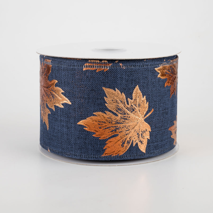 2.5" Navy Linen Ribbon With Rust Embossed Fall Leaves (10 Yards)